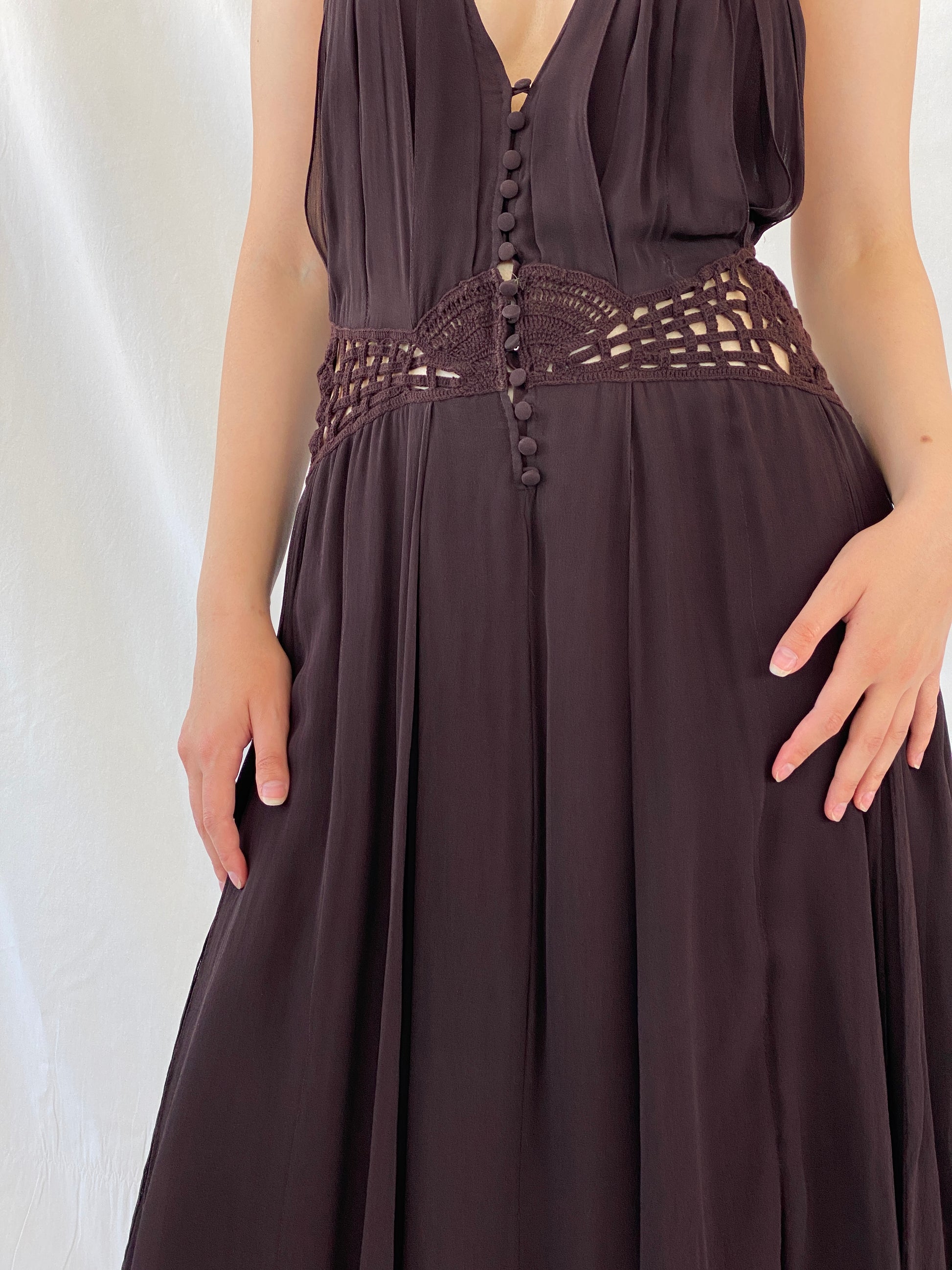 Gorgeous Max Azria Collection Silk Halter Midi Dress with Crochet Waist Detail - M - Balagan Vintage Midi Dress 90s dress, Ayah, dress, Halter Dress, midi dress, NEW IN, silk, summer dress, Wedding Guest