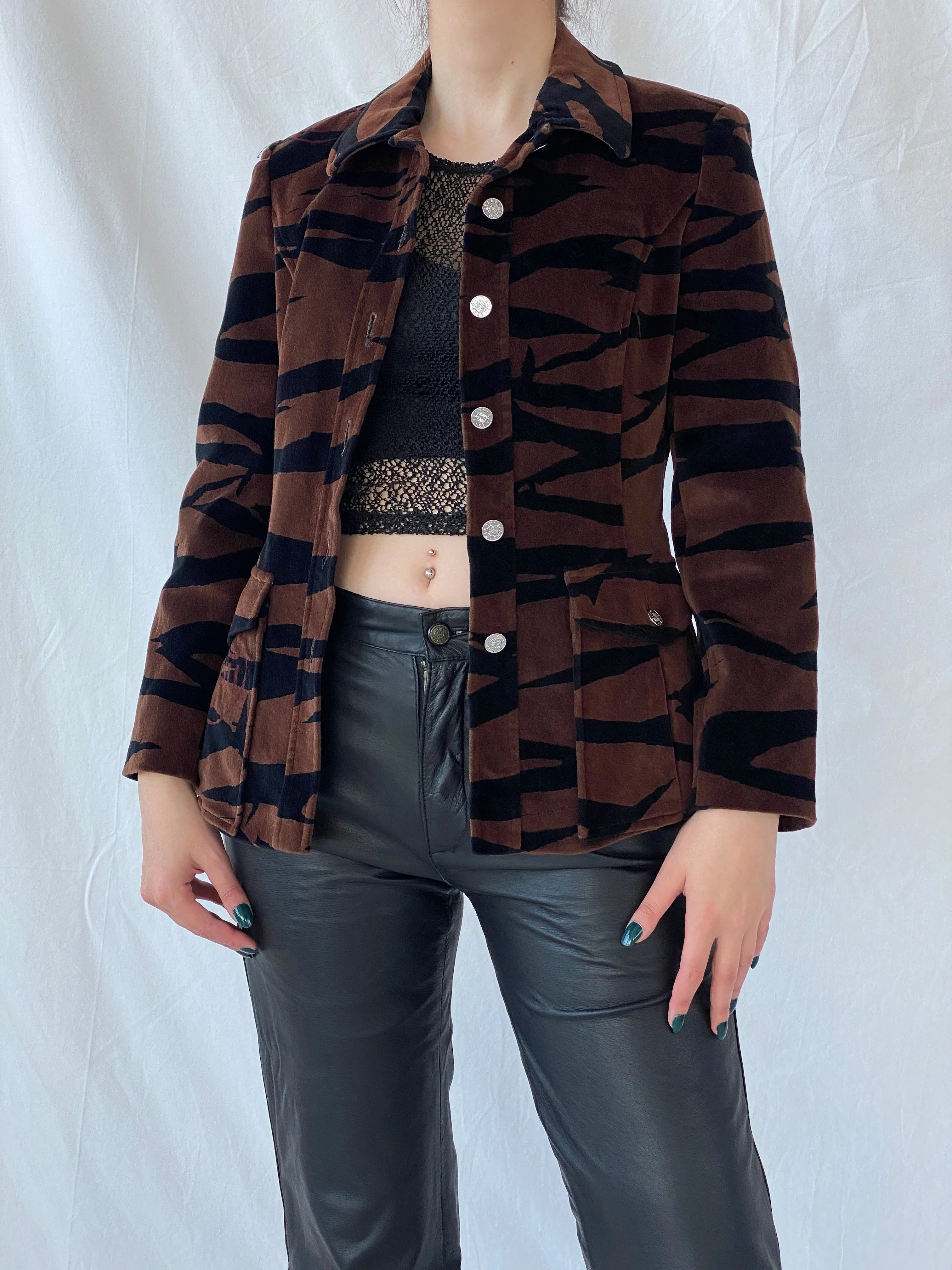 Gorgeous Vintage 90s KENZO JEANS Velvet Tiger Print Brown & Black Heavy Blazer - M - Balagan Vintage Blazer 00s, animal print, Ayah, blazer, consignment, full sleeve blazer, Melika, vintage blazer