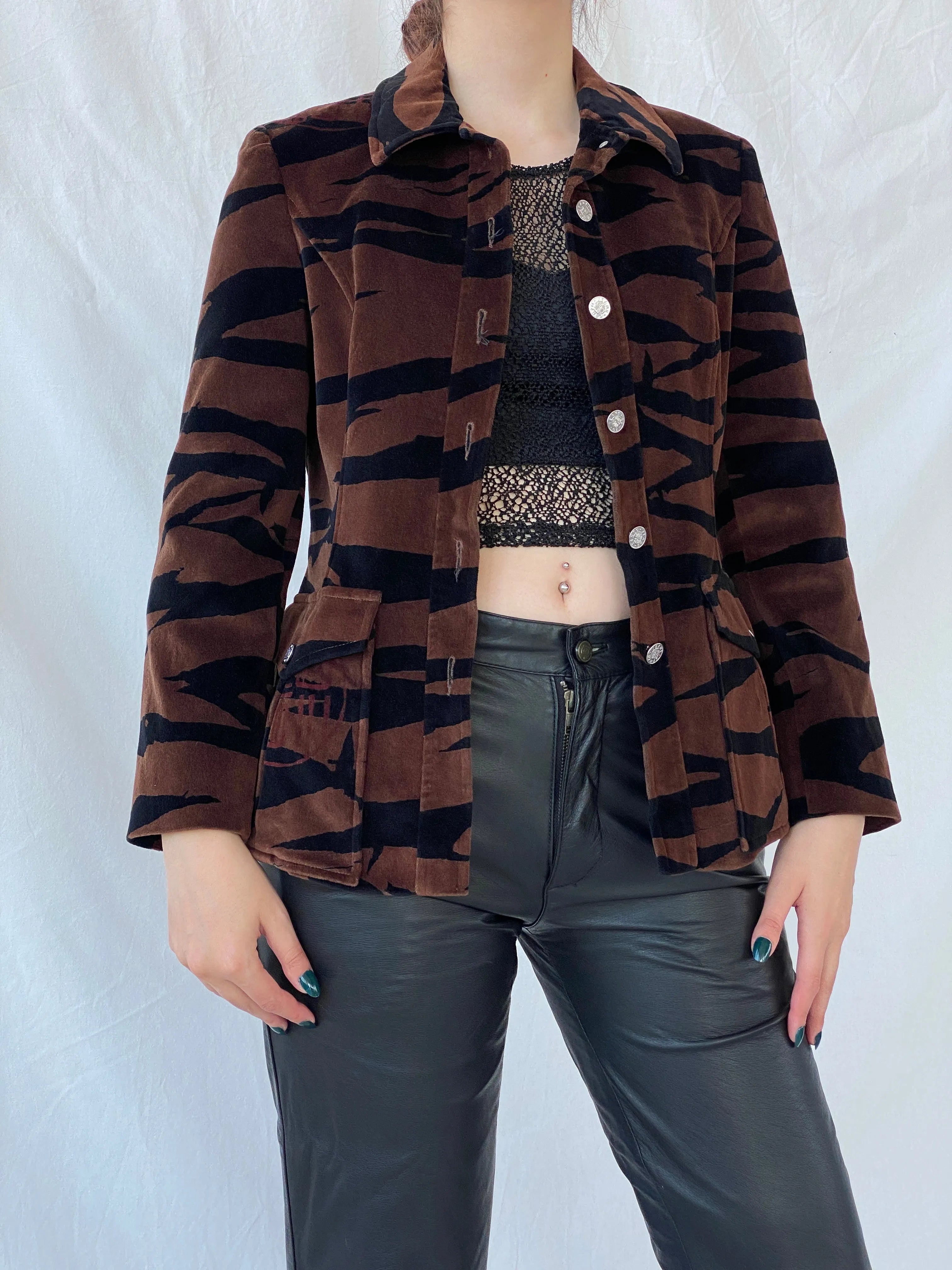 Gorgeous Vintage 90s KENZO JEANS Velvet Tiger Print Brown & Black Heavy Blazer - M - Balagan Vintage Blazer 00s, animal print, Ayah, blazer, consignment, full sleeve blazer, Melika, vintage blazer