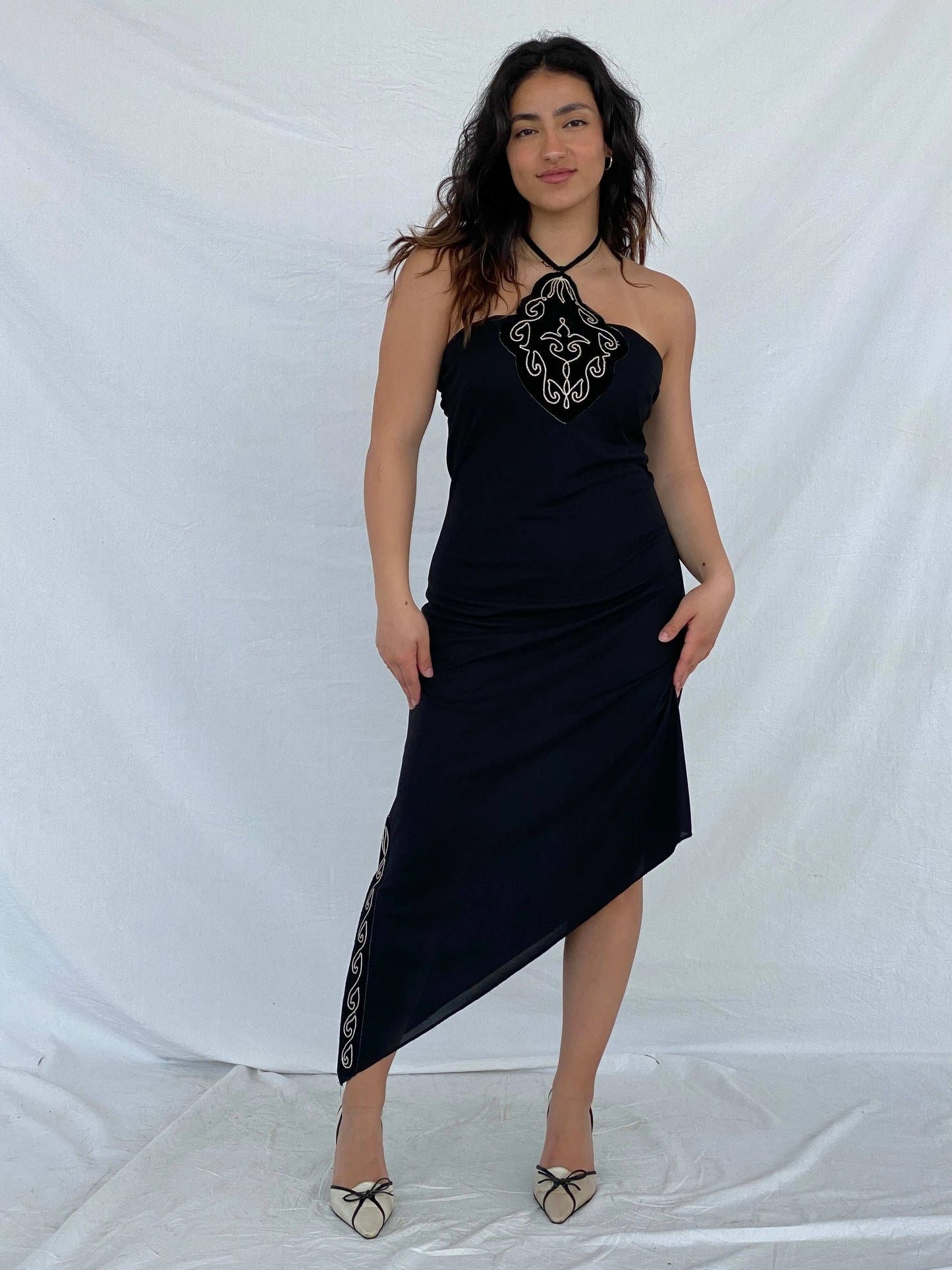 Gorgeous Vintage H.FLO Black Halter Dress - Size M/L - Balagan Vintage Midi Dress 90s dress, black dress, floral dress, Lana, midi dress