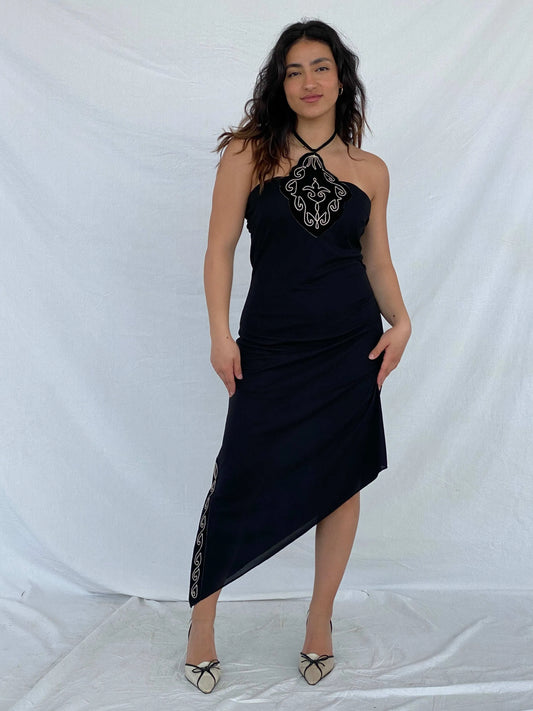Gorgeous Vintage H.FLO Black Halter Dress - Size M/L - Balagan Vintage Midi Dress 90s dress, black dress, floral dress, Lana, midi dress
