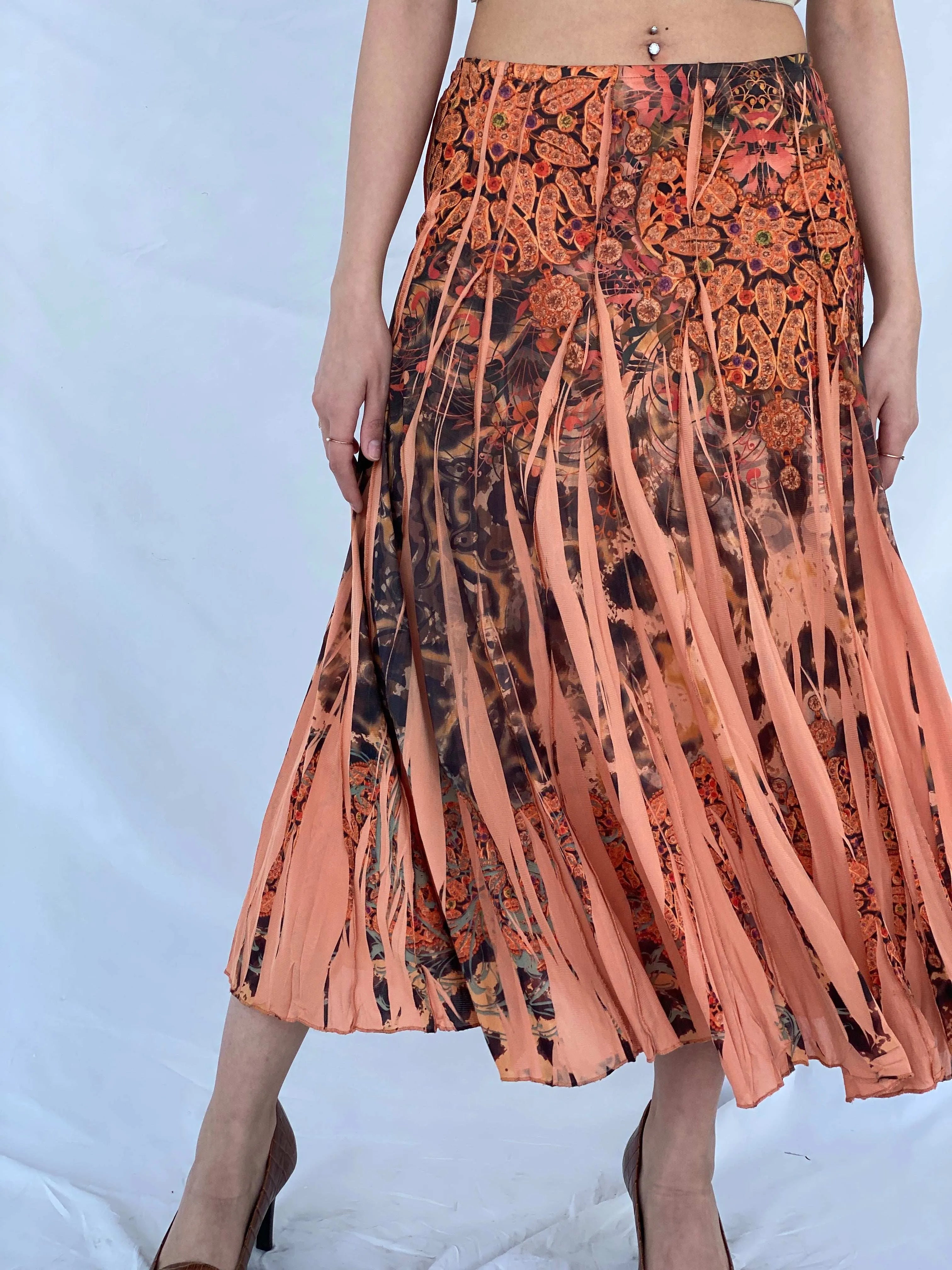 Gorgeous Vintage Orange Boho Print Midi Skirt - Balagan Vintage Midi Skirt 00s, 90s, Deals, midi skirt, Mira