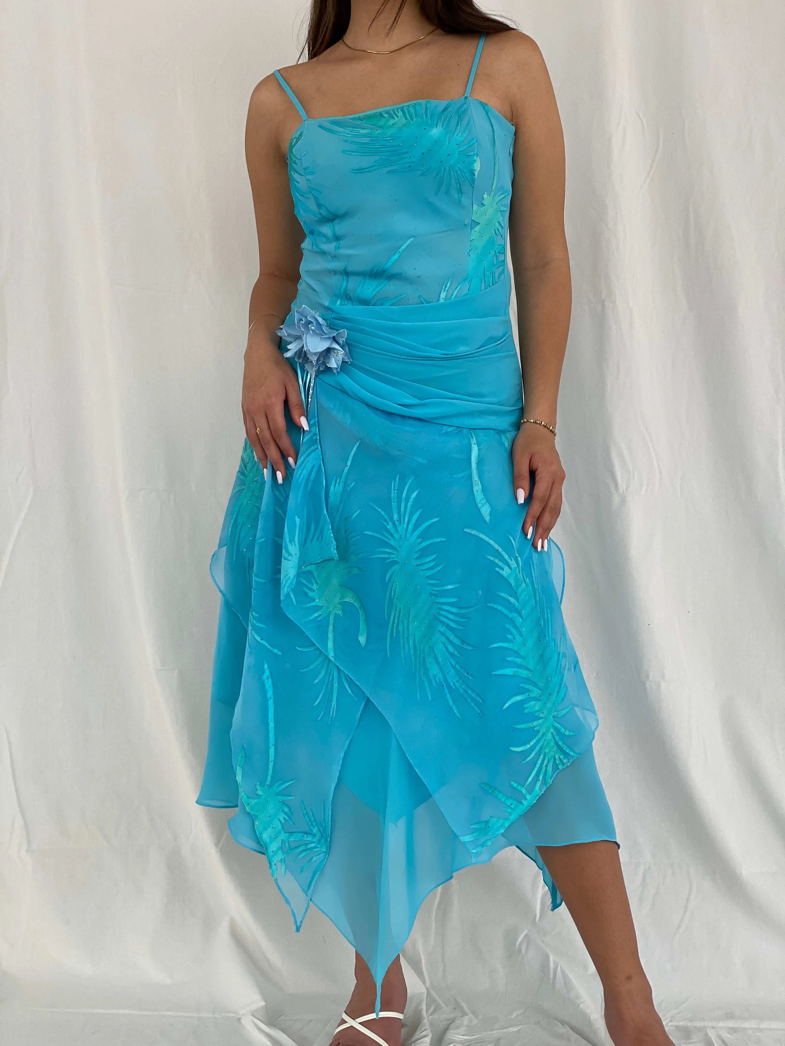 Gorgeous Y2K Dekolte Layered Blue Midi Dress Size M - Balagan Vintage Midi Dress 00s, 00s dress, midi dress, Rama, shimmer