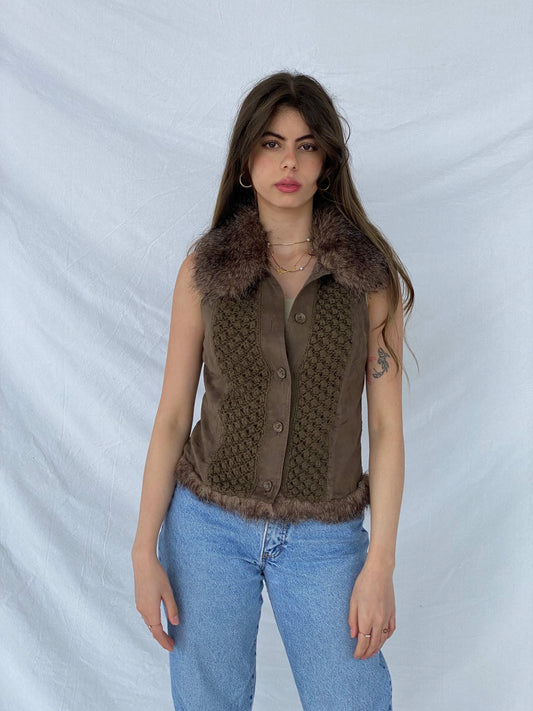 Gorgeous Y2K Suede and Knit Promod Button Up Vest - Balagan Vintage Vest 00s, knitted vest, Mira, vest