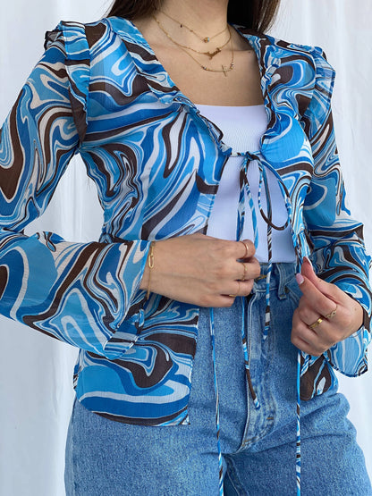 Groovy Blue and Brown Pomelo Sheer Cardigan Size S - Balagan Vintage Cardigan cardigan, Deals, full sleeve shirt, groovy, groovy print, groovy shirt, Juana, women skirt
