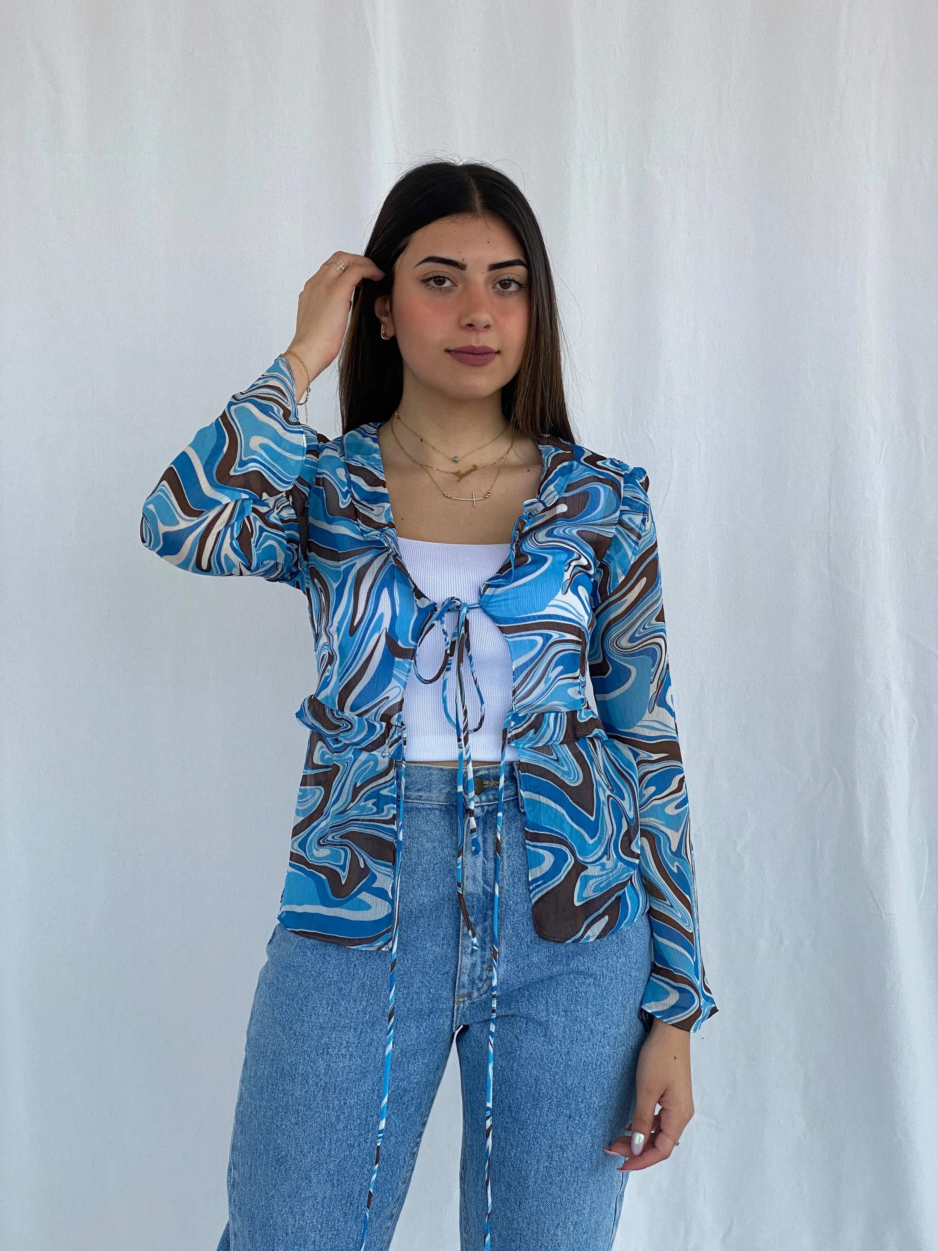 Groovy Blue and Brown Pomelo Sheer Cardigan Size S - Balagan Vintage Cardigan cardigan, full sleeve shirt, groovy, groovy print, groovy shirt, Juana, women skirt