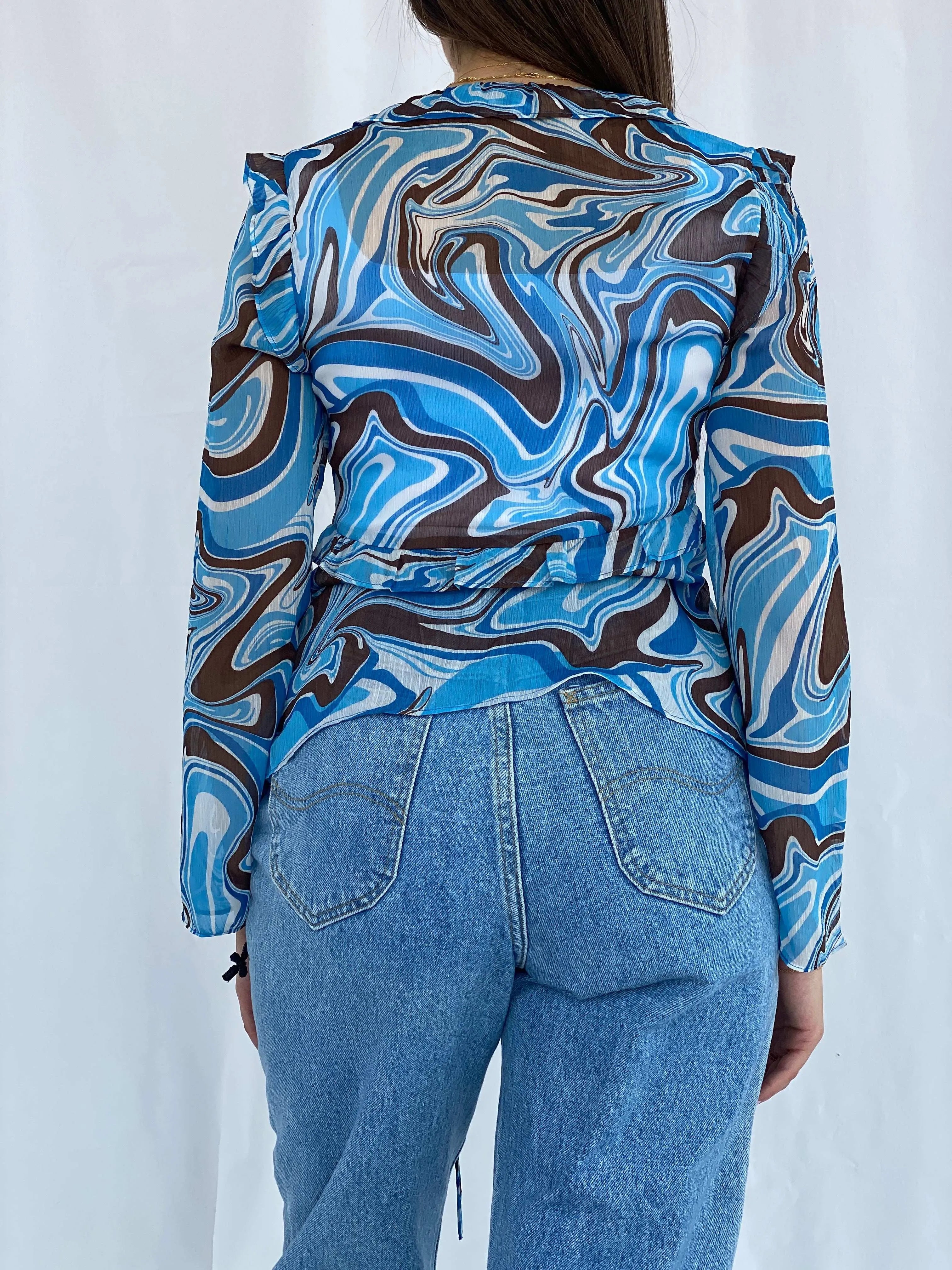 Groovy Blue and Brown Pomelo Sheer Cardigan Size S - Balagan Vintage Cardigan cardigan, full sleeve shirt, groovy, groovy print, groovy shirt, Juana, women skirt