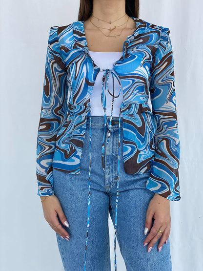 Groovy Blue and Brown Pomelo Sheer Cardigan Size S - Balagan Vintage Cardigan cardigan, Deals, full sleeve shirt, groovy, groovy print, groovy shirt, Juana, women skirt