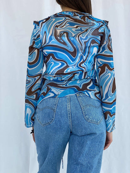 Groovy Blue and Brown Pomelo Sheer Cardigan Size S - Balagan Vintage Cardigan cardigan, Deals, full sleeve shirt, groovy, groovy print, groovy shirt, Juana, women skirt