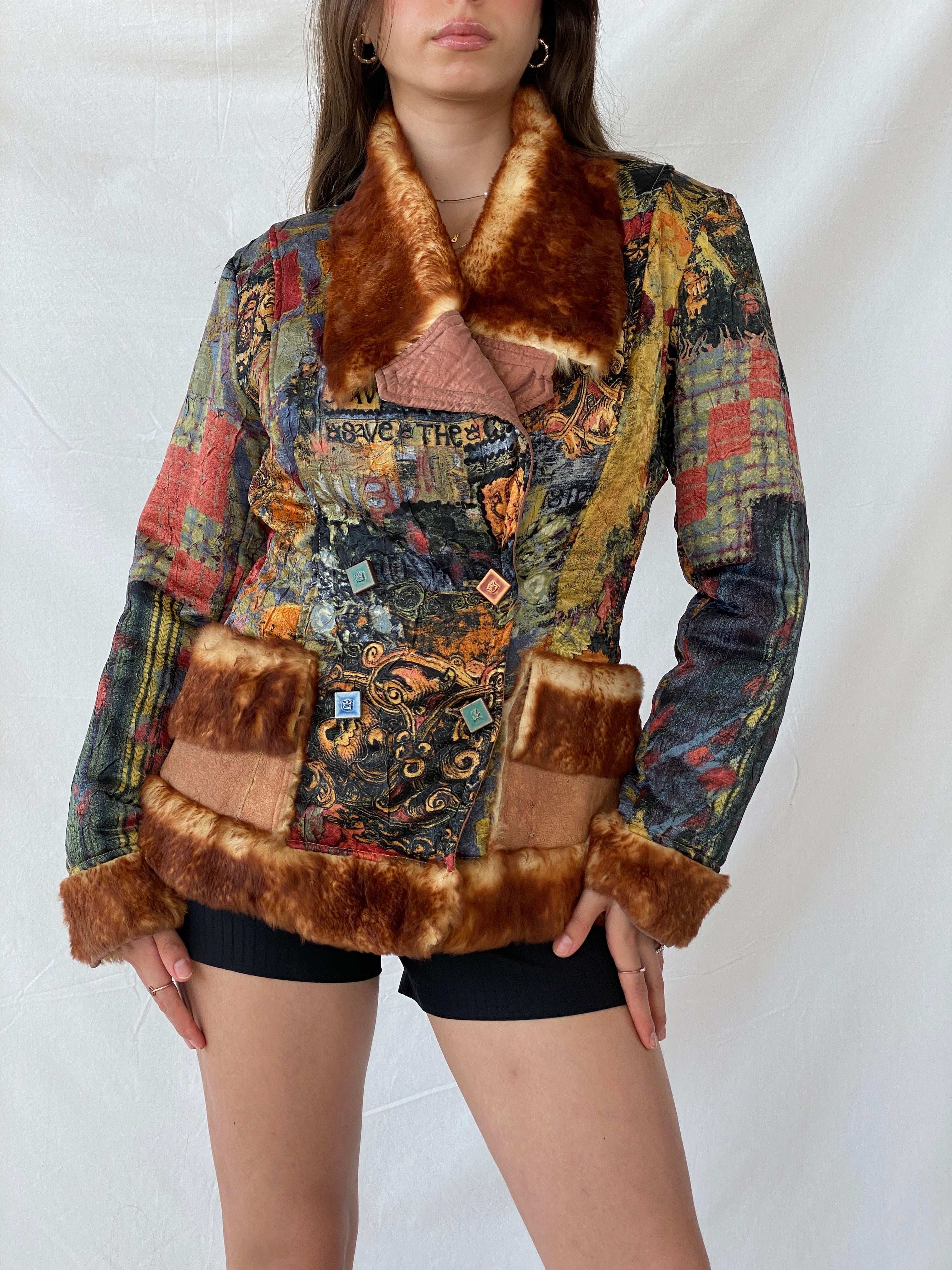 Insane Save The Queen Faux Fur Boho Printed Jacket - M - Balagan Vintage Coat 00s, coat, consignment, Deals, fur jacket, Mira, rare find, rare vintage, Sadouf, save the queen, silk, vintage coat, winter