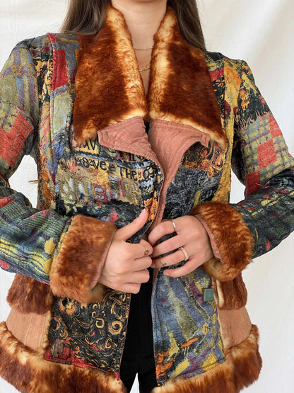 Insane Save The Queen Faux Fur Boho Printed Jacket - M - Balagan Vintage Coat 00s, coat, Coats&Jackets, consignment, Deals, fur jacket, Mira, rare find, rare vintage, Sadouf, save the queen, silk, vintage coat, winter