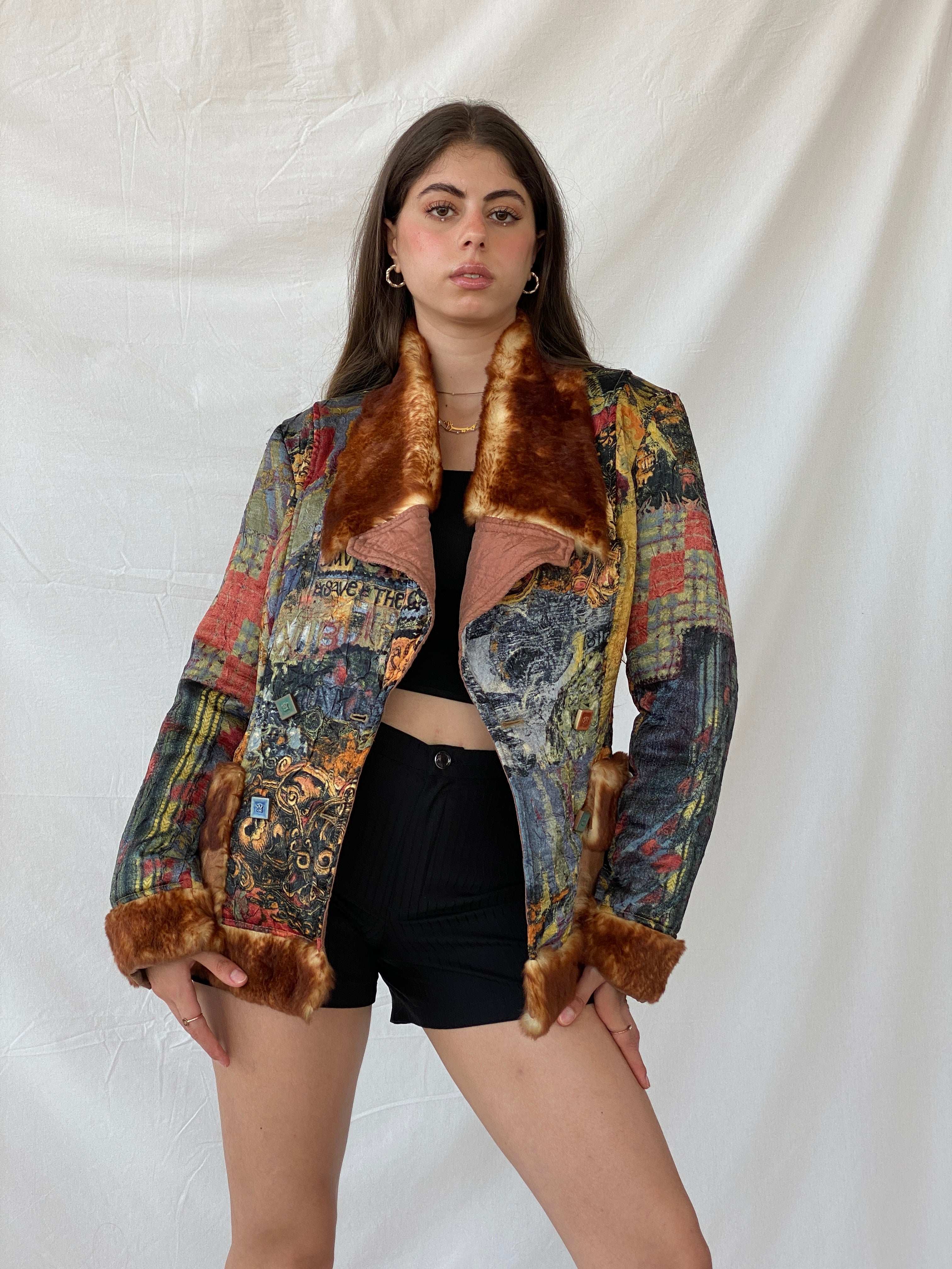 Insane Save The Queen Faux Fur Boho Printed Jacket - M - Balagan Vintage Coat 00s, coat, consignment, Deals, fur jacket, Mira, rare find, rare vintage, Sadouf, save the queen, silk, vintage coat, winter