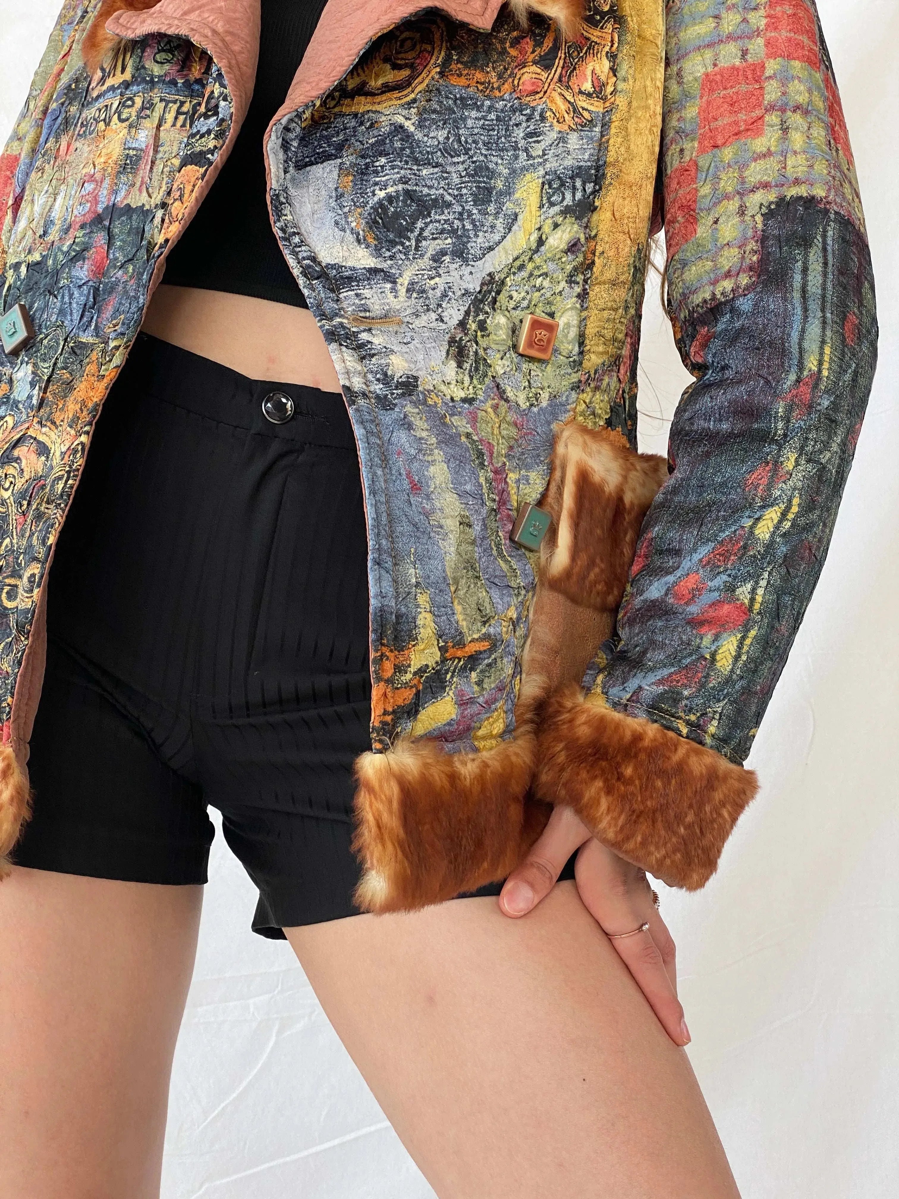 Insane Save The Queen Faux Fur Boho Printed Jacket - M - Balagan Vintage Coat 00s, coat, Coats&Jackets, consignment, Deals, fur jacket, Mira, rare find, rare vintage, Sadouf, save the queen, silk, vintage coat, winter