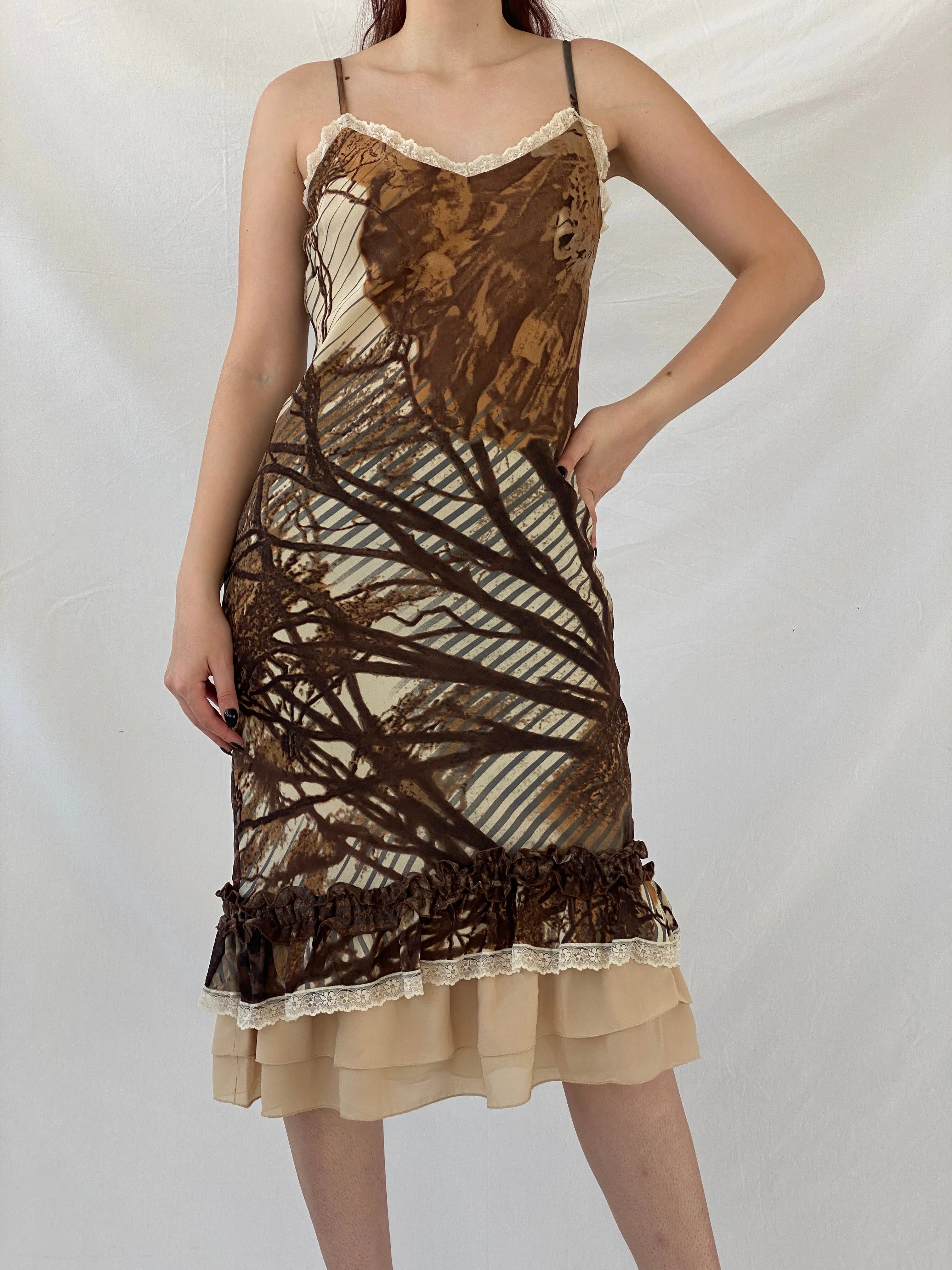 Insane Vintage 90s Per Una Brown Graphic Midi Dress with Ruffle and Lace Detailing - M - Balagan Vintage Midi Dress 90s dress, Ayah, dress, midi dress, shimmer