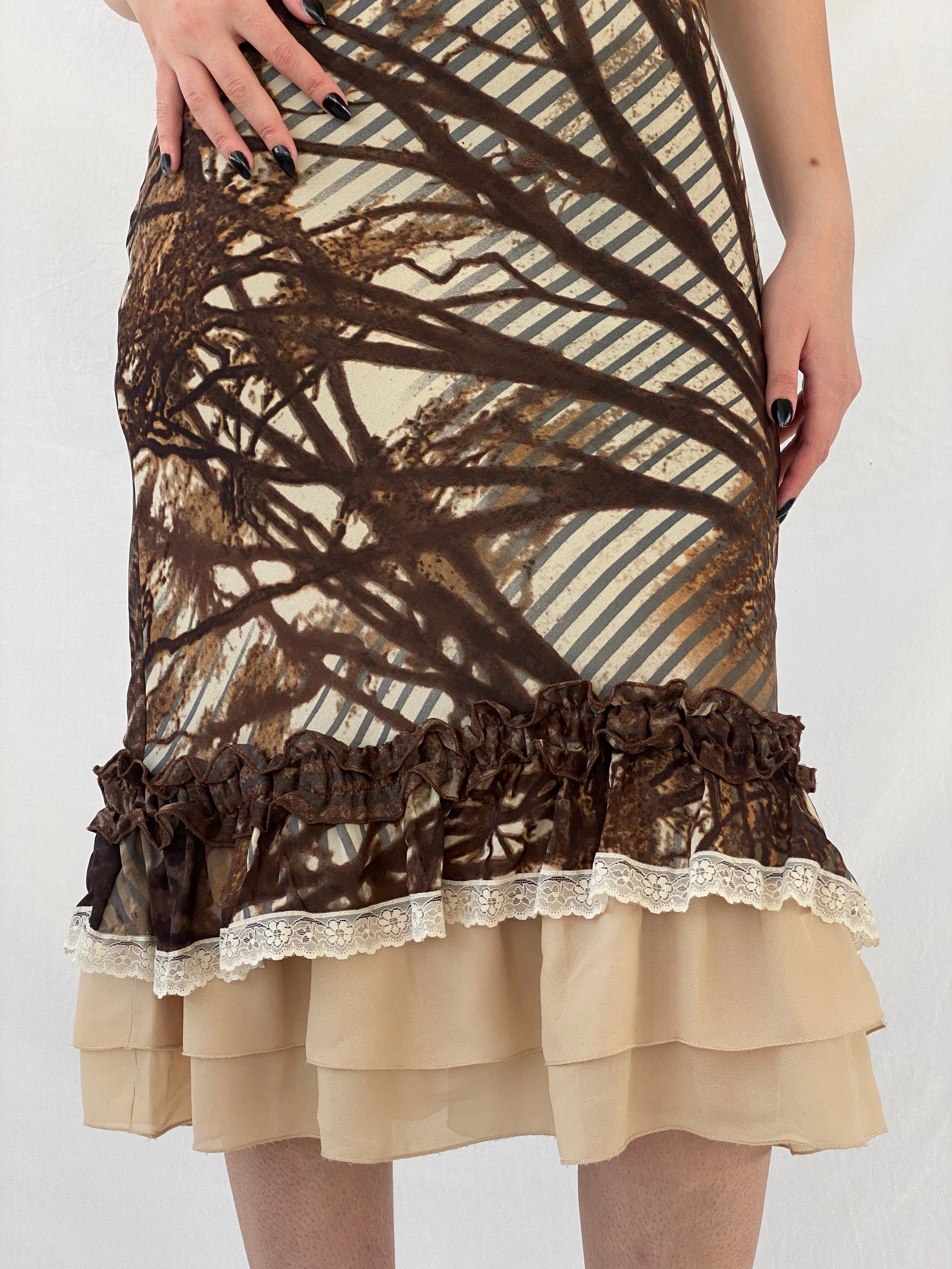 Insane Vintage 90s Per Una Brown Graphic Midi Dress with Ruffle and Lace Detailing - M - Balagan Vintage Midi Dress 90s dress, Ayah, dress, midi dress, shimmer