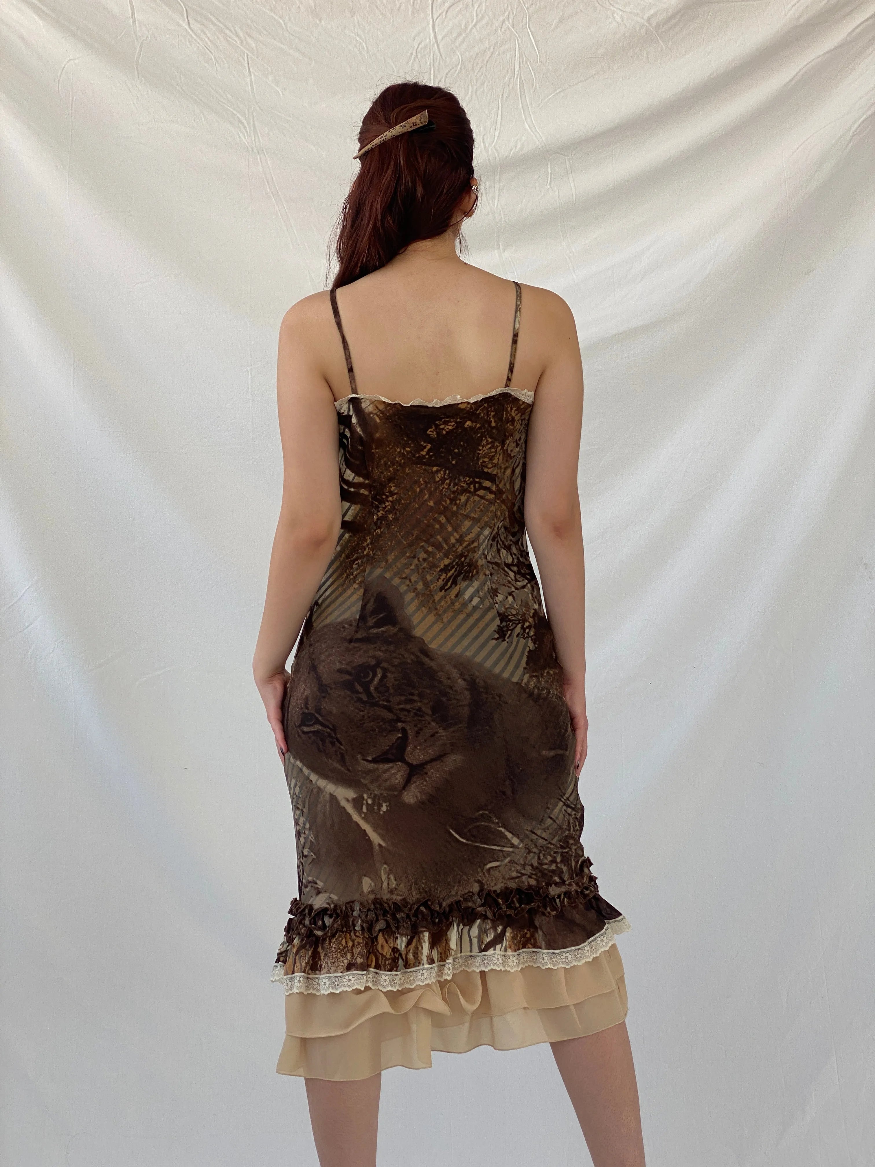 Insane Vintage 90s Per Una Brown Graphic Midi Dress with Ruffle and Lace Detailing - M - Balagan Vintage Midi Dress 90s dress, Ayah, dress, midi dress, shimmer