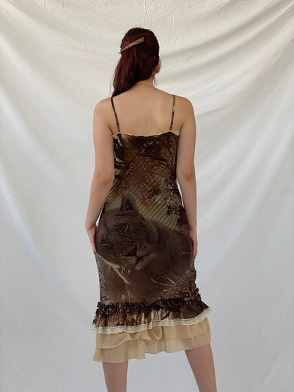 Insane Vintage 90s Per Una Brown Graphic Midi Dress with Ruffle and Lace Detailing - M - Balagan Vintage Midi Dress 90s dress, Ayah, dress, midi dress, shimmer