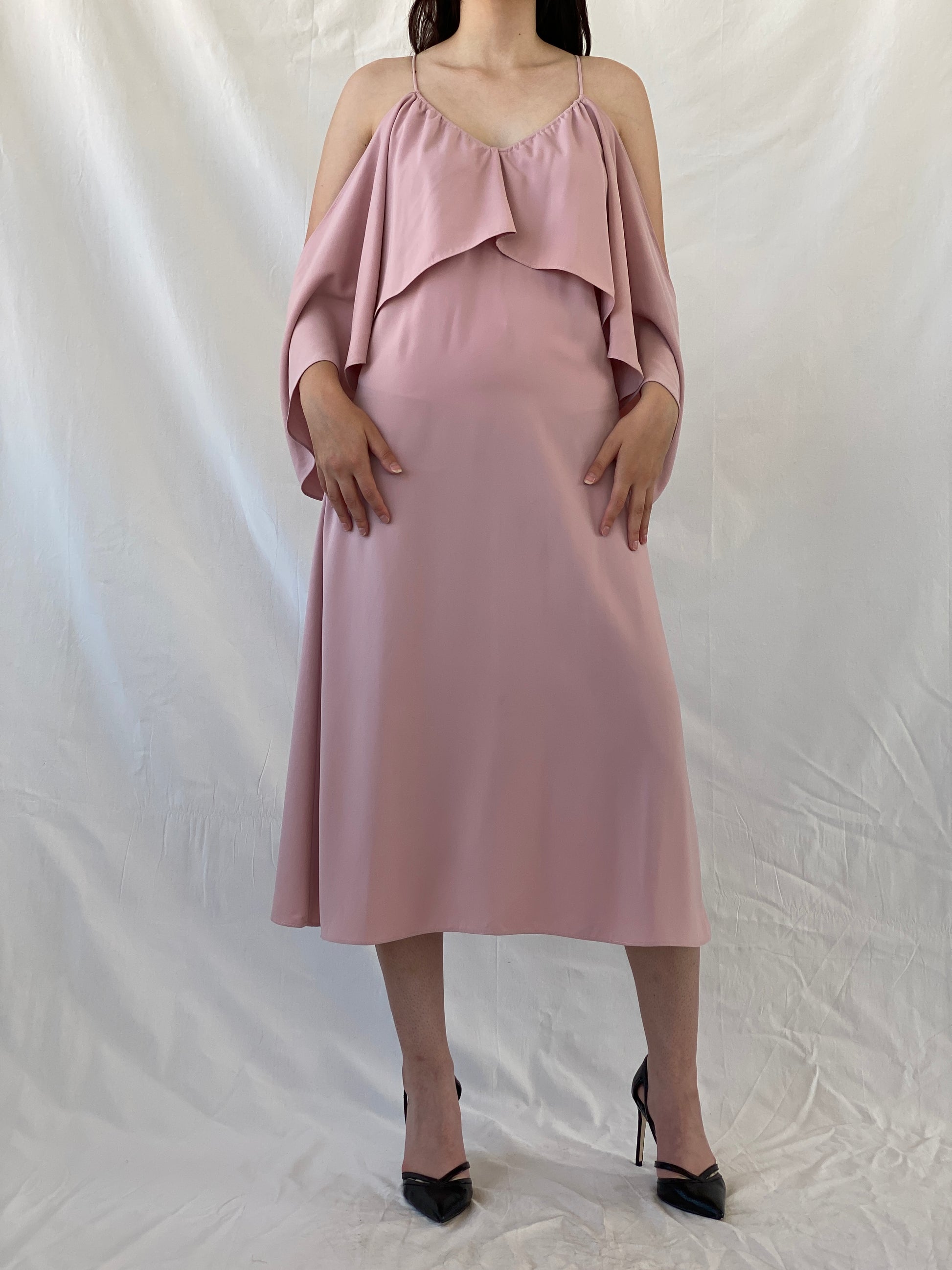 Jovonna London Blush Pink Cold Shoulder Midi Wedding Guest Dress - S - Balagan Vintage Midi Dress Ayah, consignment, dress, Hala, midi dress, NEW IN, vintage dress, Wedding Guest