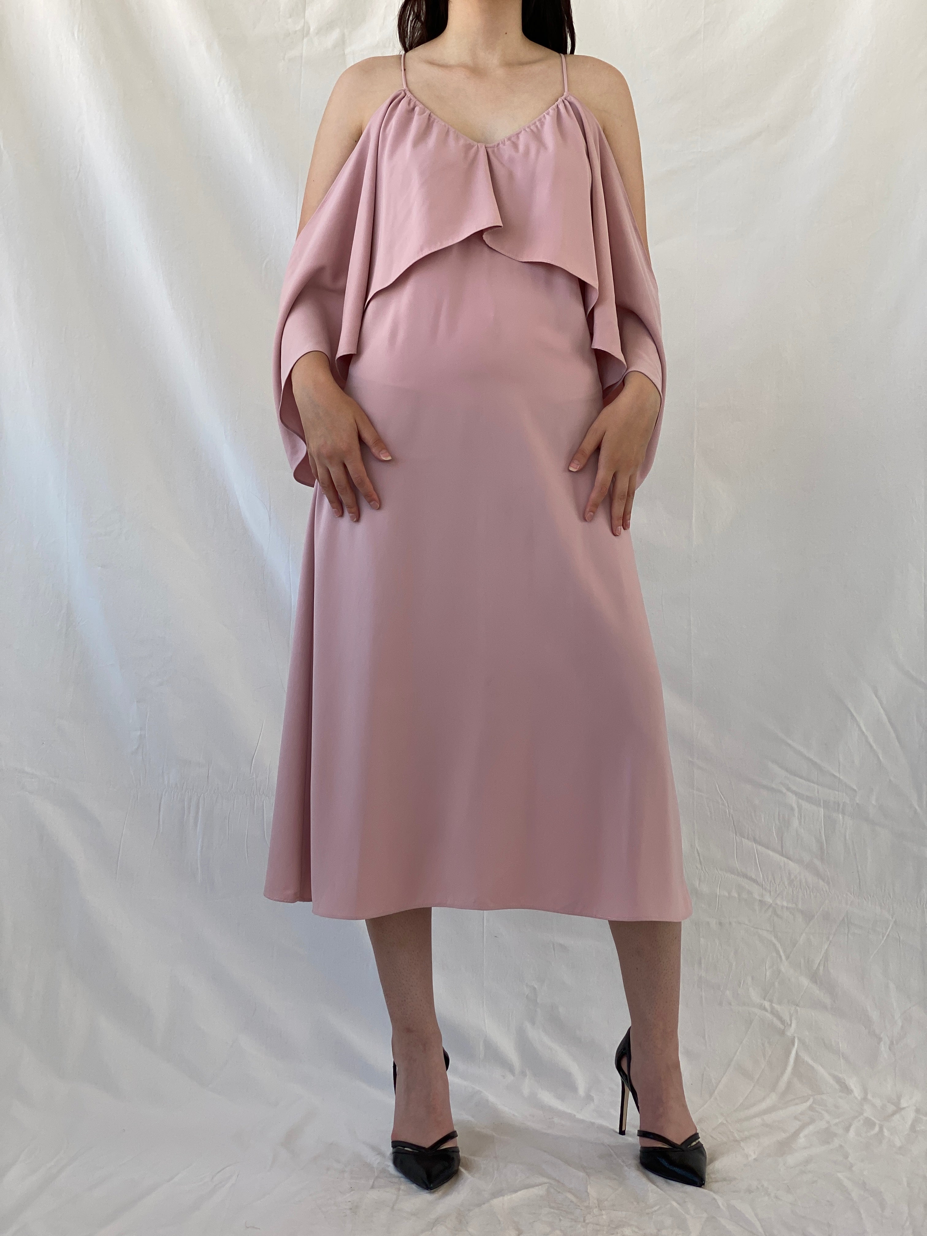 Jovonna London Blush Pink Cold Shoulder Midi Wedding Guest Dress - S - Balagan Vintage Midi Dress Ayah, consignment, dress, Hala, midi dress, NEW IN, vintage dress, Wedding Guest