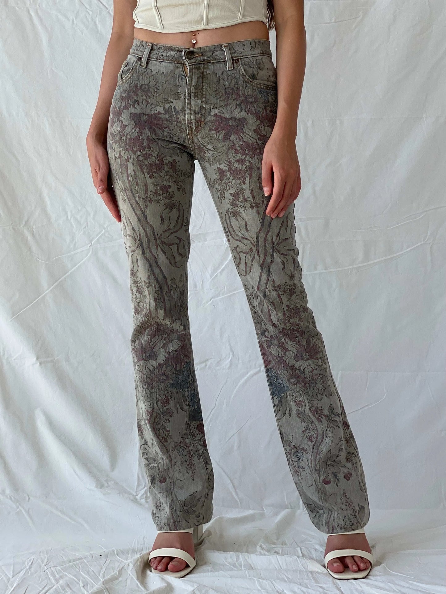 Just Cavalli Grey Floral Printed Denim Glitter Detail Bootcut Jeans - Balagan Vintage Jeans 00s, 90s, denim, flare jeans, jeans, just cavalli, Mira, roberto cavalli, vintage jeans
