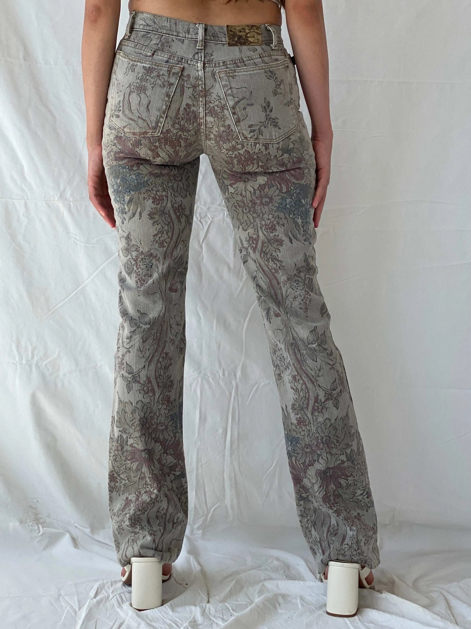 Just Cavalli Grey Floral Printed Denim Glitter Detail Bootcut Jeans - Balagan Vintage Jeans 00s, 90s, denim, flare jeans, jeans, just cavalli, Mira, roberto cavalli, vintage jeans