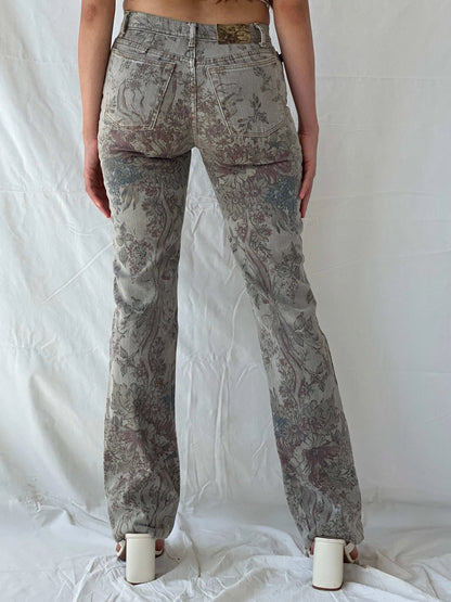 Just Cavalli Grey Floral Printed Denim Glitter Detail Bootcut Jeans - Balagan Vintage Jeans 00s, 90s, denim, flare jeans, jeans, just cavalli, Mira, roberto cavalli, vintage jeans