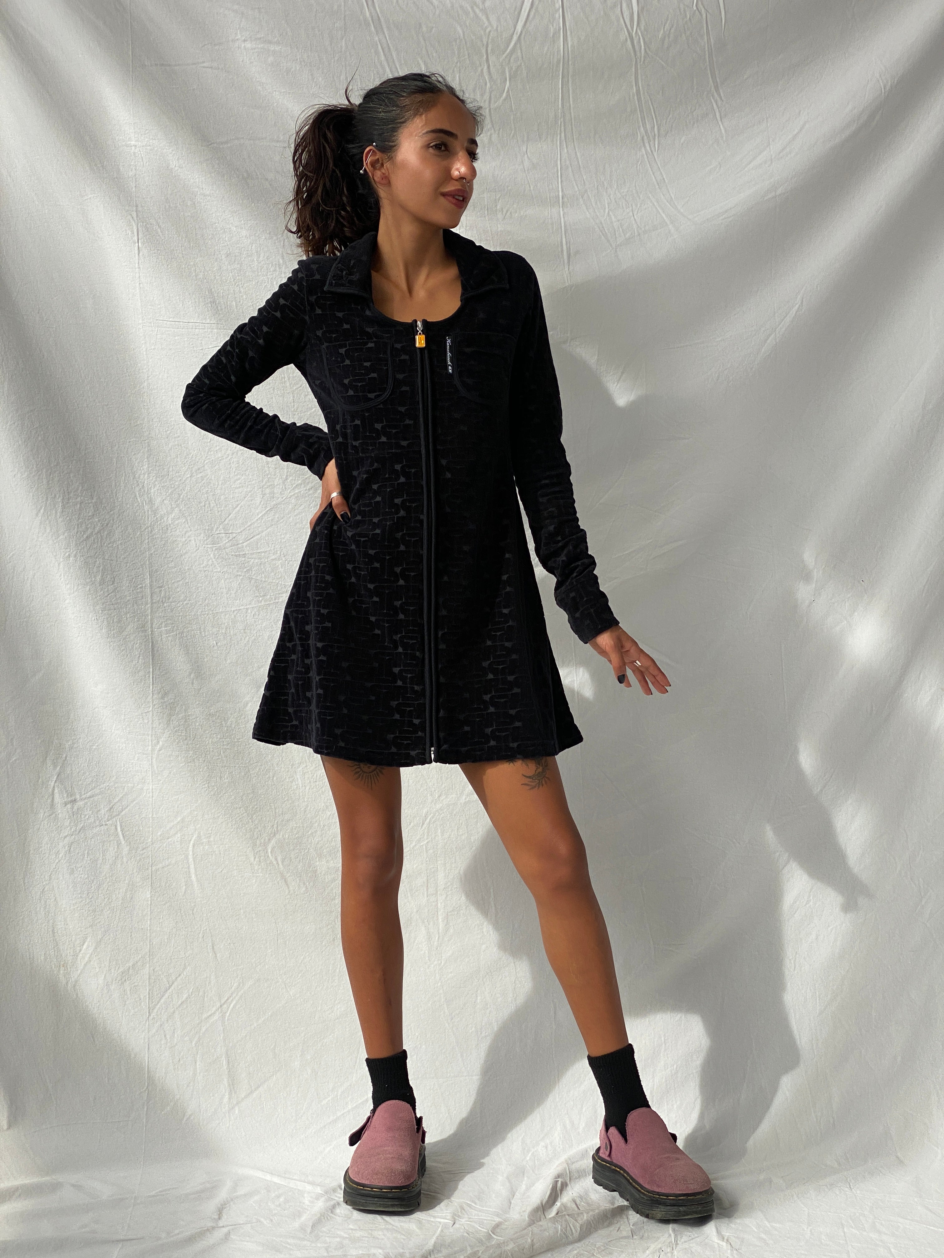 Kana Beach Mona Black Zip Up Long Sleeve Cotton Short Dress - S - Balagan Vintage Mini Dress 00s, consignment, floral, floral dress, Melika, midi dress, NEW IN, summer, Tojan