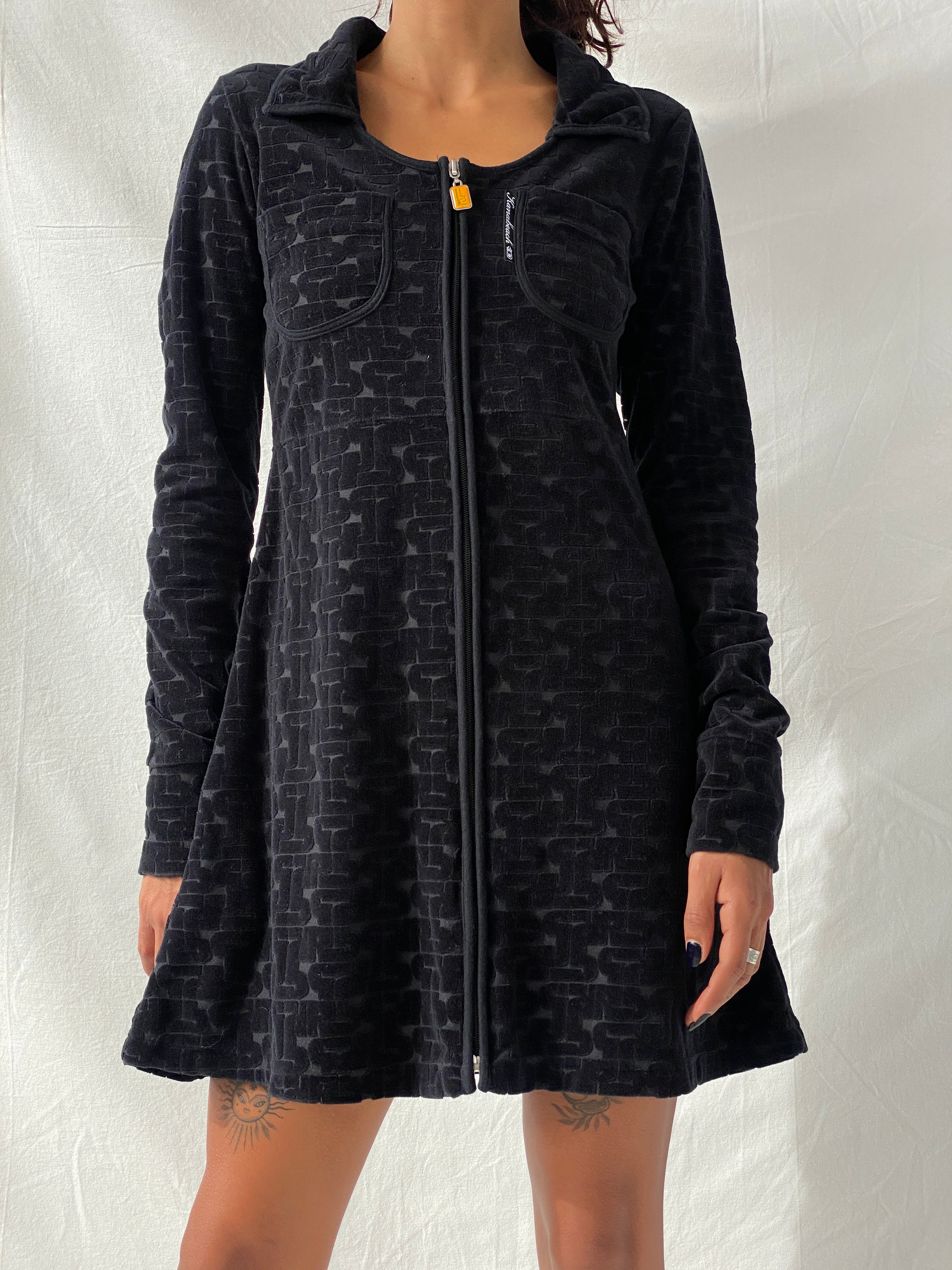 Kana Beach Mona Black Zip Up Long Sleeve Cotton Short Dress - S - Balagan Vintage Mini Dress 00s, consignment, floral, floral dress, Melika, midi dress, NEW IN, summer, Tojan