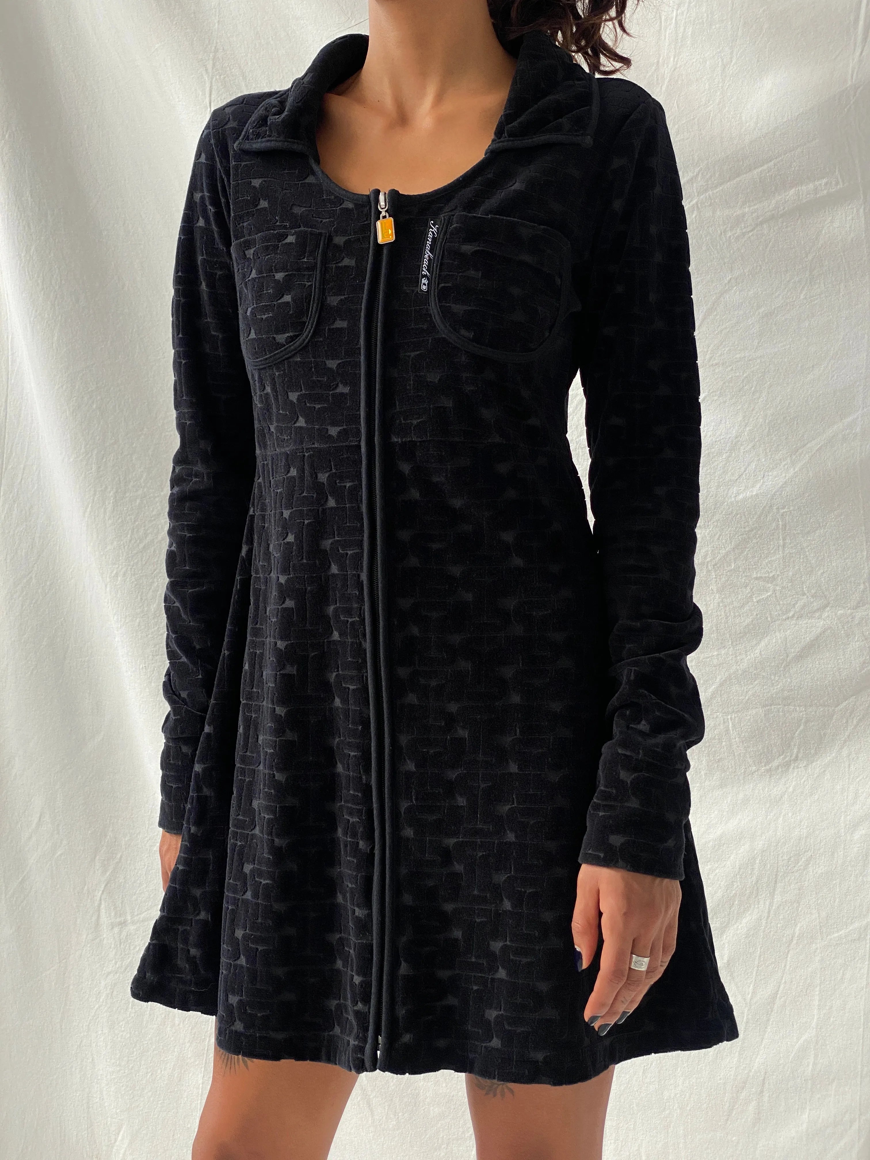 Kana Beach Mona Black Zip Up Long Sleeve Cotton Short Dress - S - Balagan Vintage Mini Dress 00s, consignment, floral, floral dress, Melika, midi dress, summer, Tojan