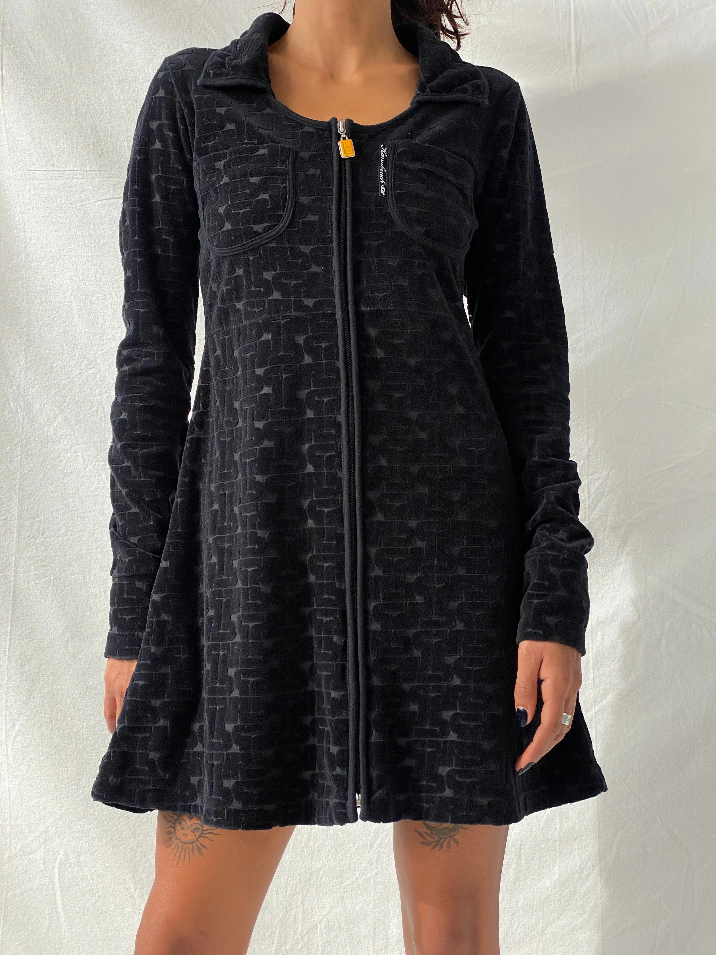 Kana Beach Mona Black Zip Up Long Sleeve Cotton Short Dress - S - Balagan Vintage Mini Dress 00s, consignment, floral, floral dress, Melika, midi dress, summer, Tojan
