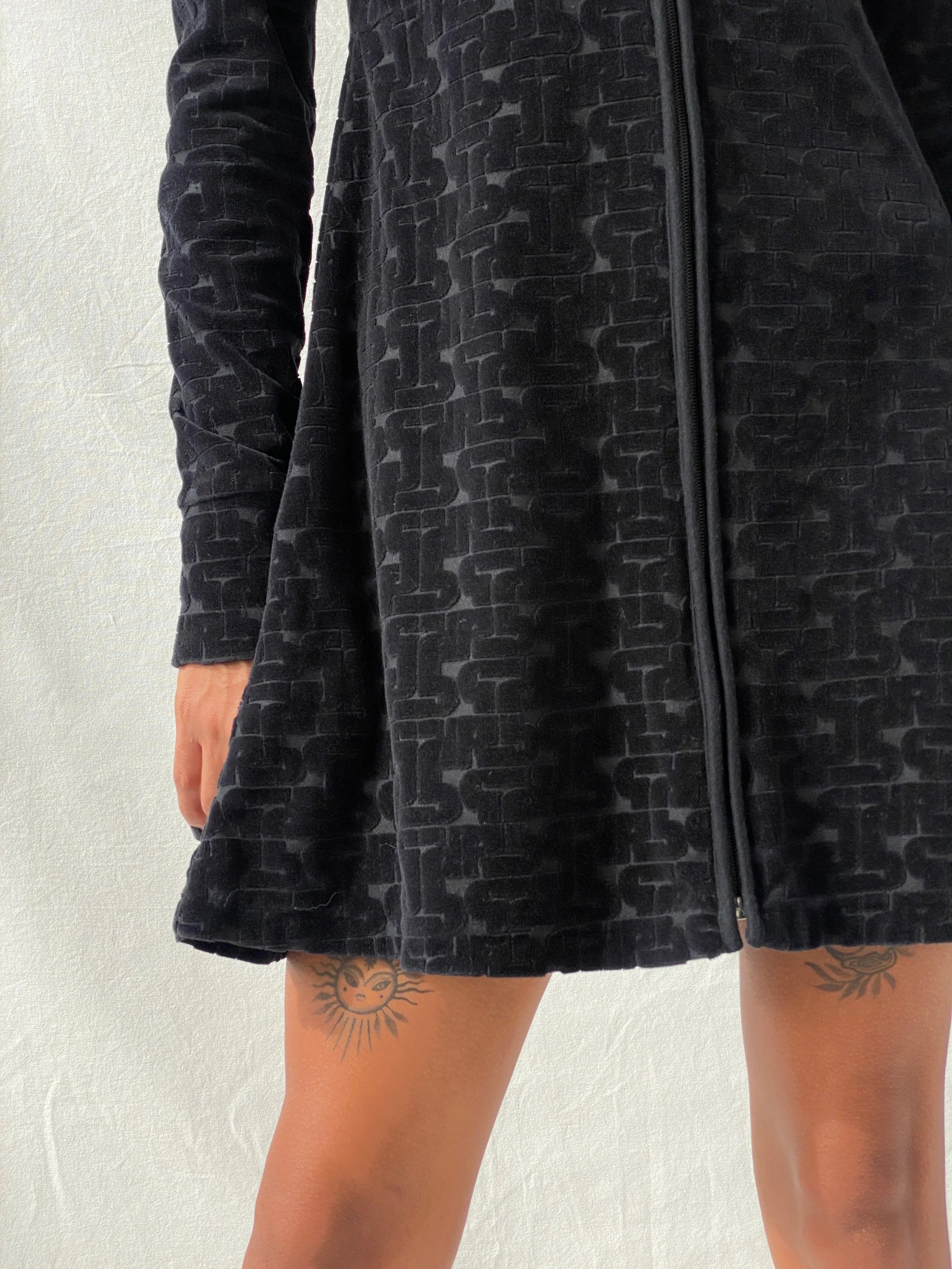 Kana Beach Mona Black Zip Up Long Sleeve Cotton Short Dress - S - Balagan Vintage Mini Dress 00s, consignment, floral, floral dress, Melika, midi dress, summer, Tojan