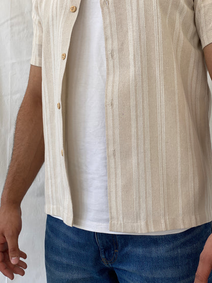 Kana Maru Striped Beige Short Sleeve Button Up Men’s Shirt - M - Balagan Vintage Half Sleeve Shirt 90s, half sleeve shirt, mens shirt, Ramez, silk, striped shirt