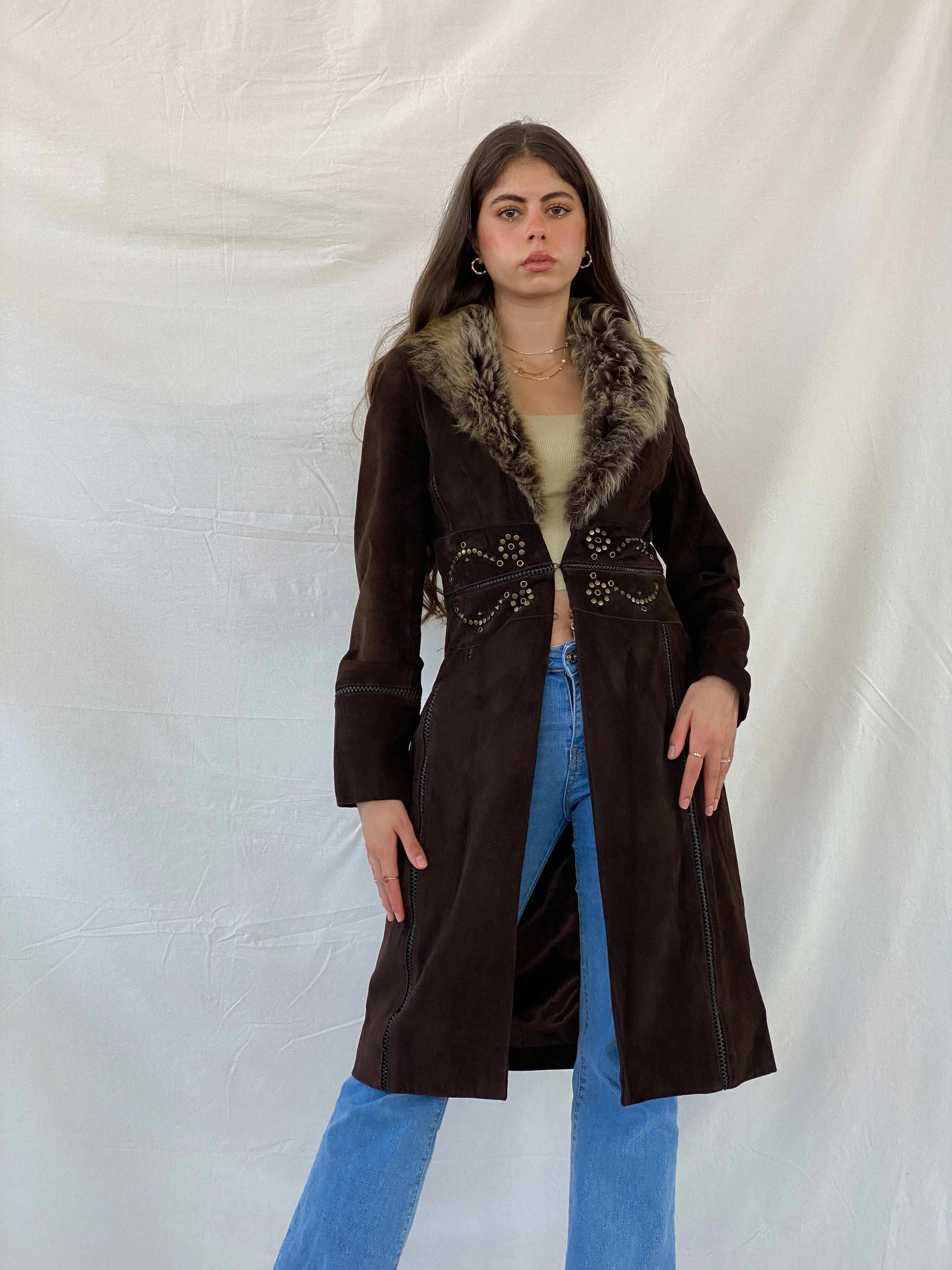 Karen Millen Afghan Style Brown Suede Fur-Collar Coat - S - Balagan Vintage Coat 00s, coat, consignment, Mira, rare find, rare vintage, Sadouf, silk, vintage coat, winter