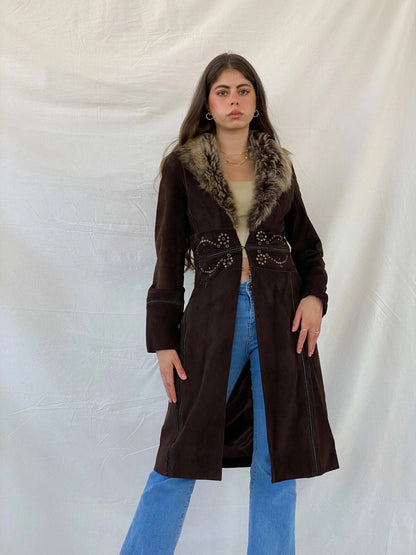 Karen Millen Afghan Style Brown Suede Fur-Collar Coat - S - Balagan Vintage Coat 00s, coat, consignment, Mira, rare find, rare vintage, Sadouf, silk, vintage coat, winter