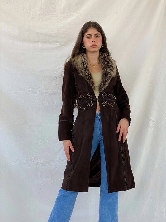 Karen Millen Afghan Style Brown Suede Fur-Collar Coat - S - Balagan Vintage Coat 00s, coat, consignment, Mira, rare find, rare vintage, Sadouf, silk, vintage coat, winter