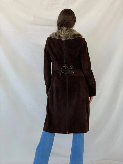 Karen Millen Afghan Style Brown Suede Fur-Collar Coat - S - Balagan Vintage Coat 00s, coat, consignment, Mira, rare find, rare vintage, Sadouf, silk, vintage coat, winter