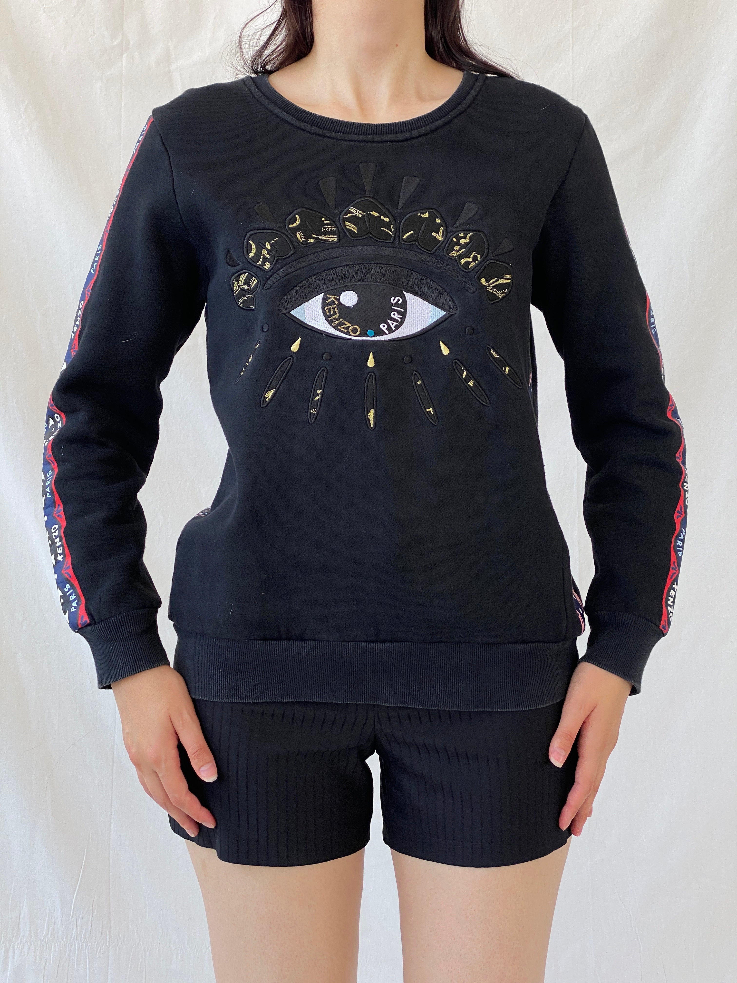 Kenzo Paris Black Fleece Eye Print Crew Neck Cotton Sweatshirt - L - Balagan Vintage Sweater 00s, Ayah, consignment, cotton, Hala, kenzo, winter, women top
