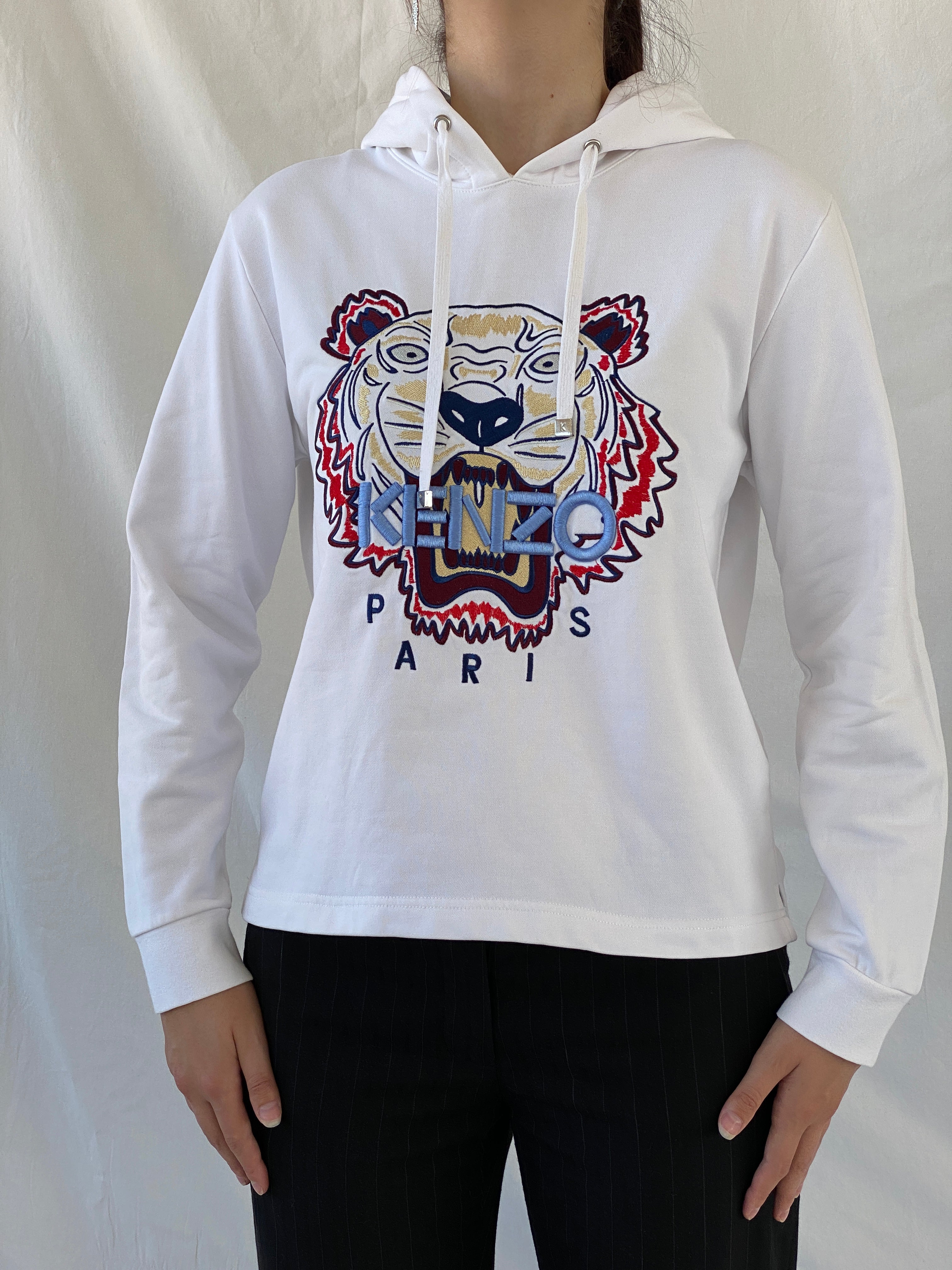 Kenzo Paris White Tiger Head Embroidered Hoodie Sweatshirt - S - Balagan Vintage Sweater 00s, Ayah, consignment, cotton, Hala, kenzo, winter, women top