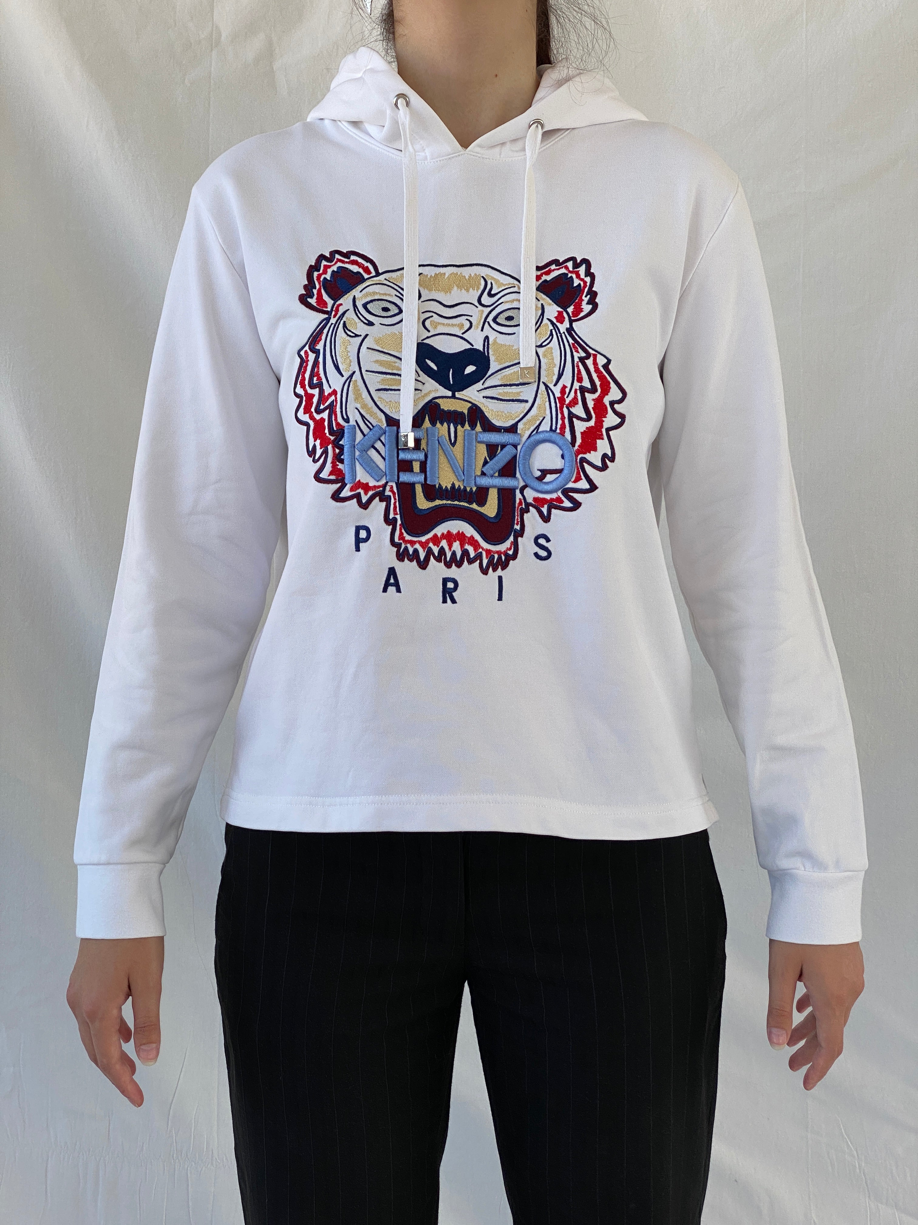 Kenzo Paris White Tiger Head Embroidered Hoodie Sweatshirt - S - Balagan Vintage Sweater 00s, Ayah, consignment, cotton, Hala, kenzo, winter, women top