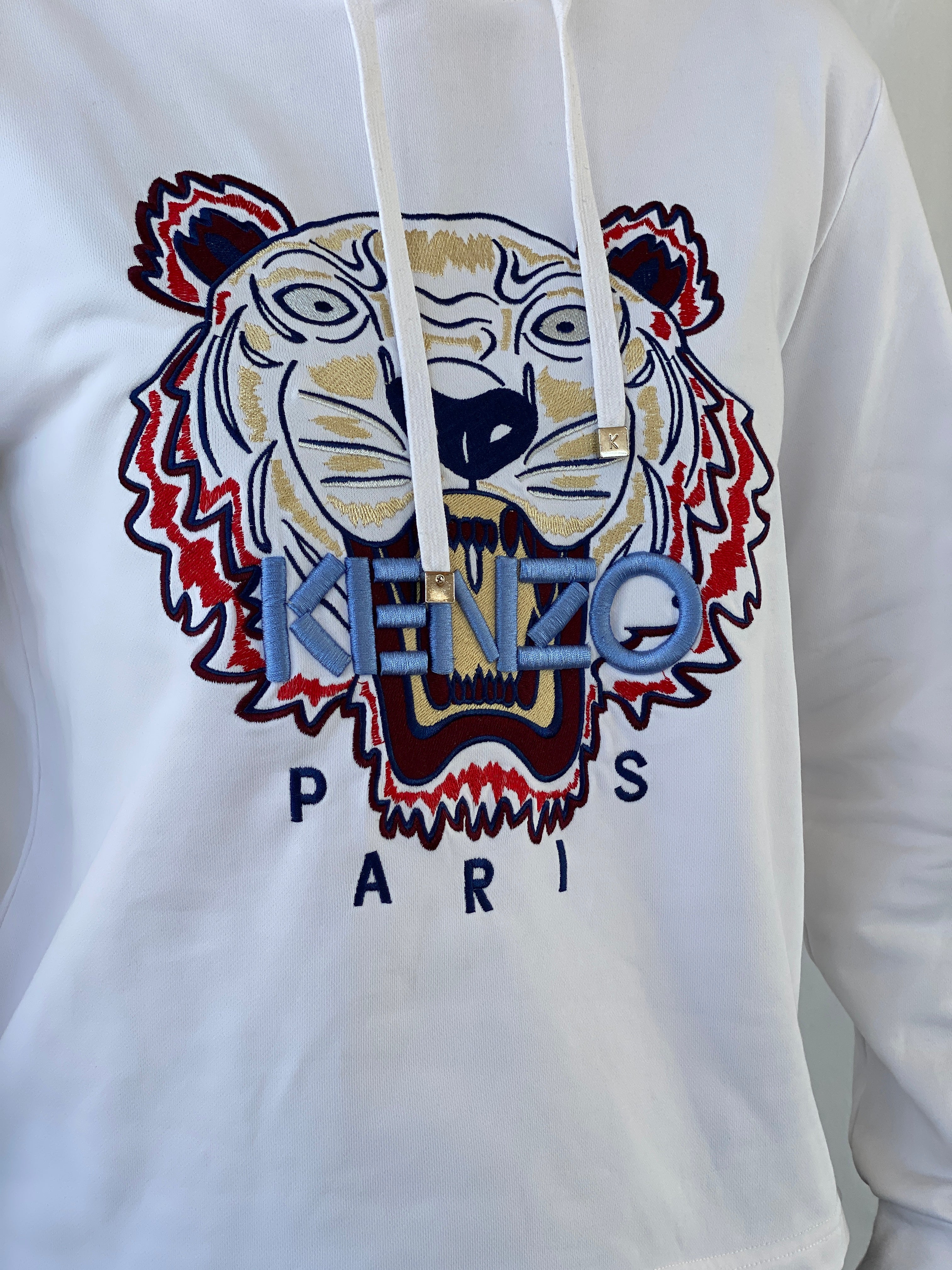 Kenzo Paris White Tiger Head Embroidered Hoodie Sweatshirt - S - Balagan Vintage Sweater 00s, Ayah, consignment, cotton, Hala, kenzo, winter, women top