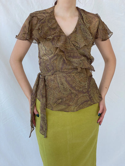 Lauren By Ralph Lauren Brown Paisley Ruffle-Trim Wrap Blouse - L - Balagan Vintage Sleeveless Top 00s, 90s, Ayah, consignment, Melika, ralph lauren, sleeveless top