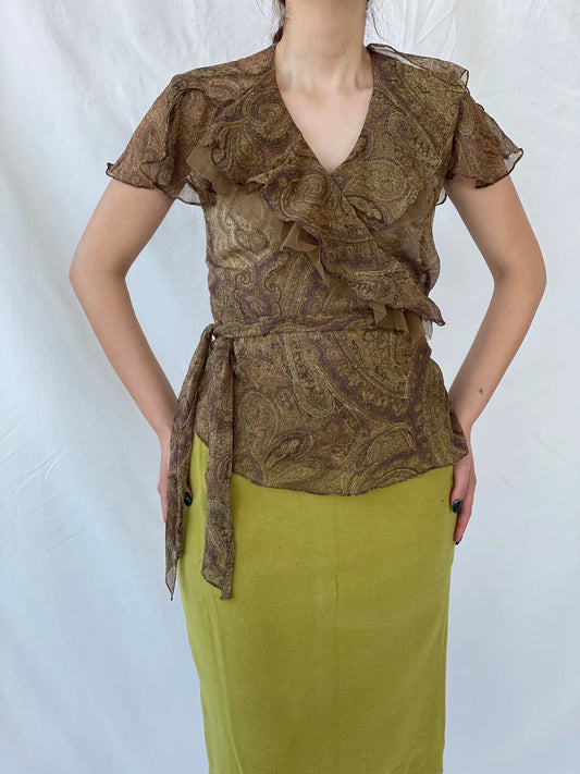 Lauren By Ralph Lauren Brown Paisley Ruffle-Trim Wrap Blouse - L - Balagan Vintage Sleeveless Top 00s, 90s, Ayah, consignment, Melika, ralph lauren, sleeveless top