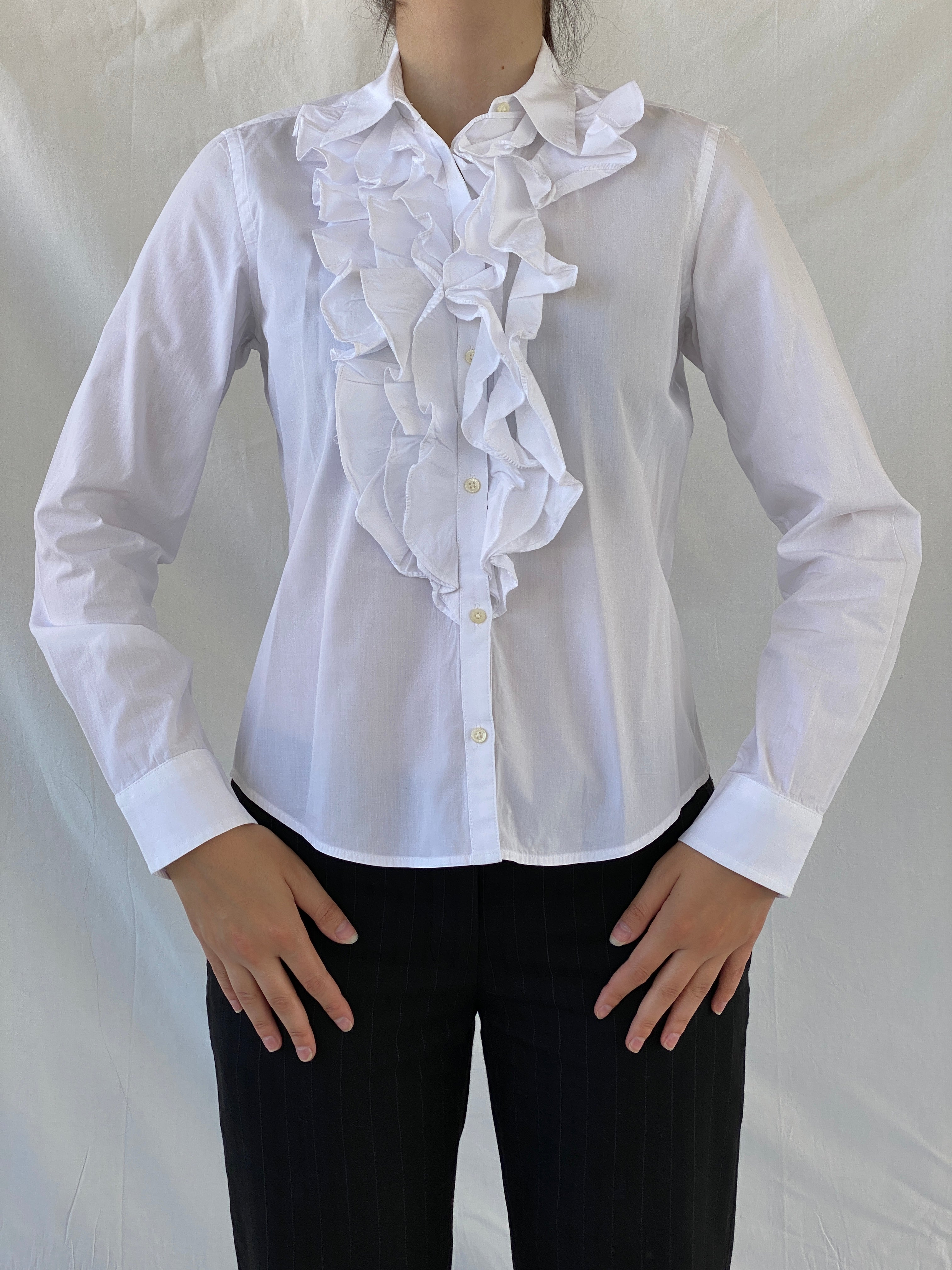Lauren By Ralph Lauren Long Sleeve Button Up Office Shirt White Ruffle Blouse - S - Balagan Vintage Full Sleeve Shirt 00s, Ayah, consignment, full sleeve shirt, Hala, NEW IN, Office core, ralph lauren, summer