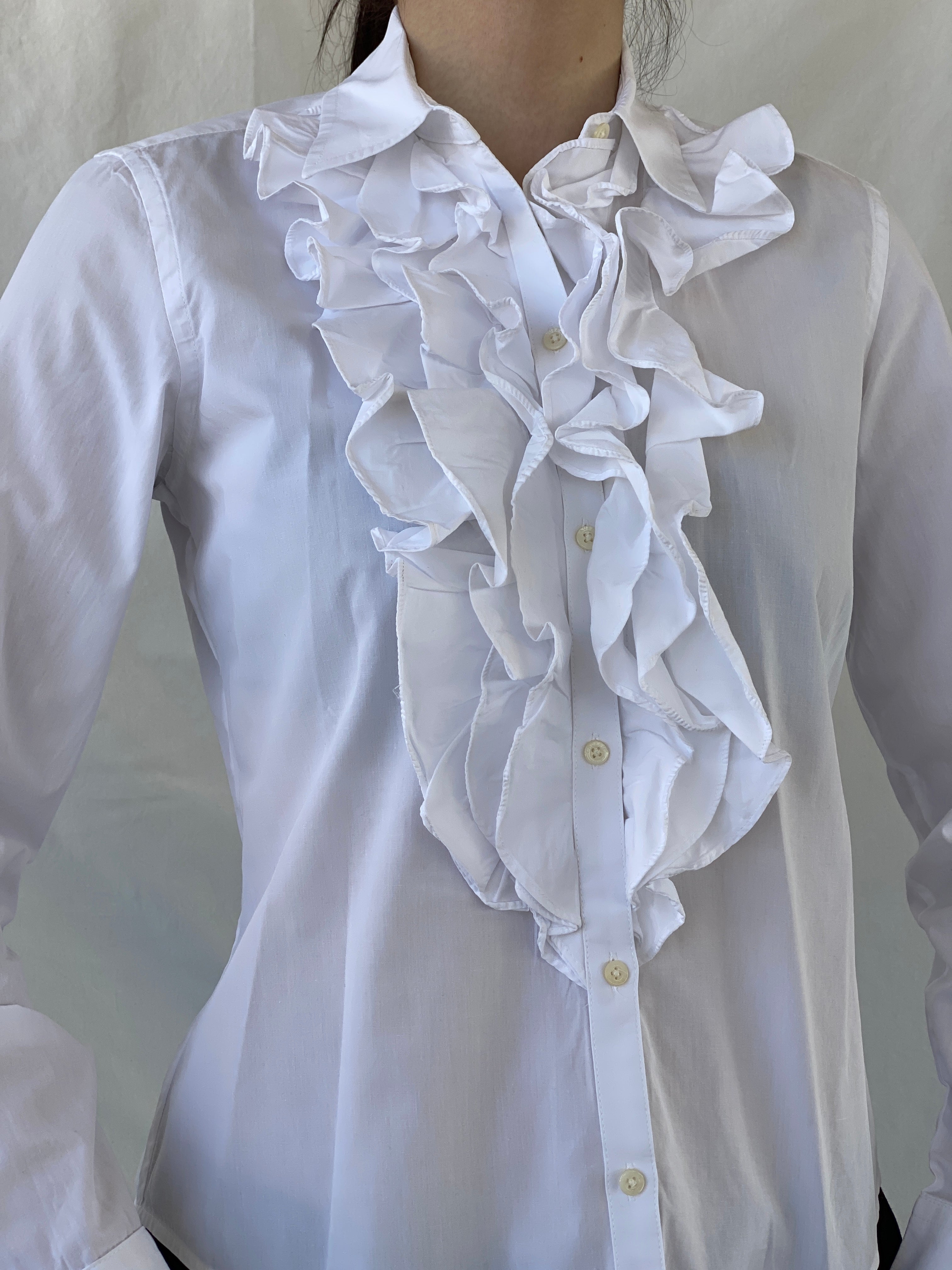 Lauren By Ralph Lauren Long Sleeve Button Up Office Shirt White Ruffle Blouse - S - Balagan Vintage Full Sleeve Shirt 00s, Ayah, consignment, full sleeve shirt, Hala, NEW IN, Office core, ralph lauren, summer