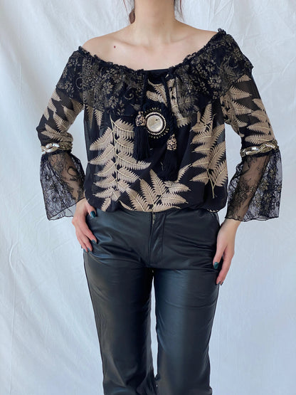 Laurie And Joe Bohemian Black Sheer and Lace Embroidered Off Shoulders Top - M - Balagan Vintage Full Sleeve Top 00s, Ayah, consignment, floral, Janan, women top