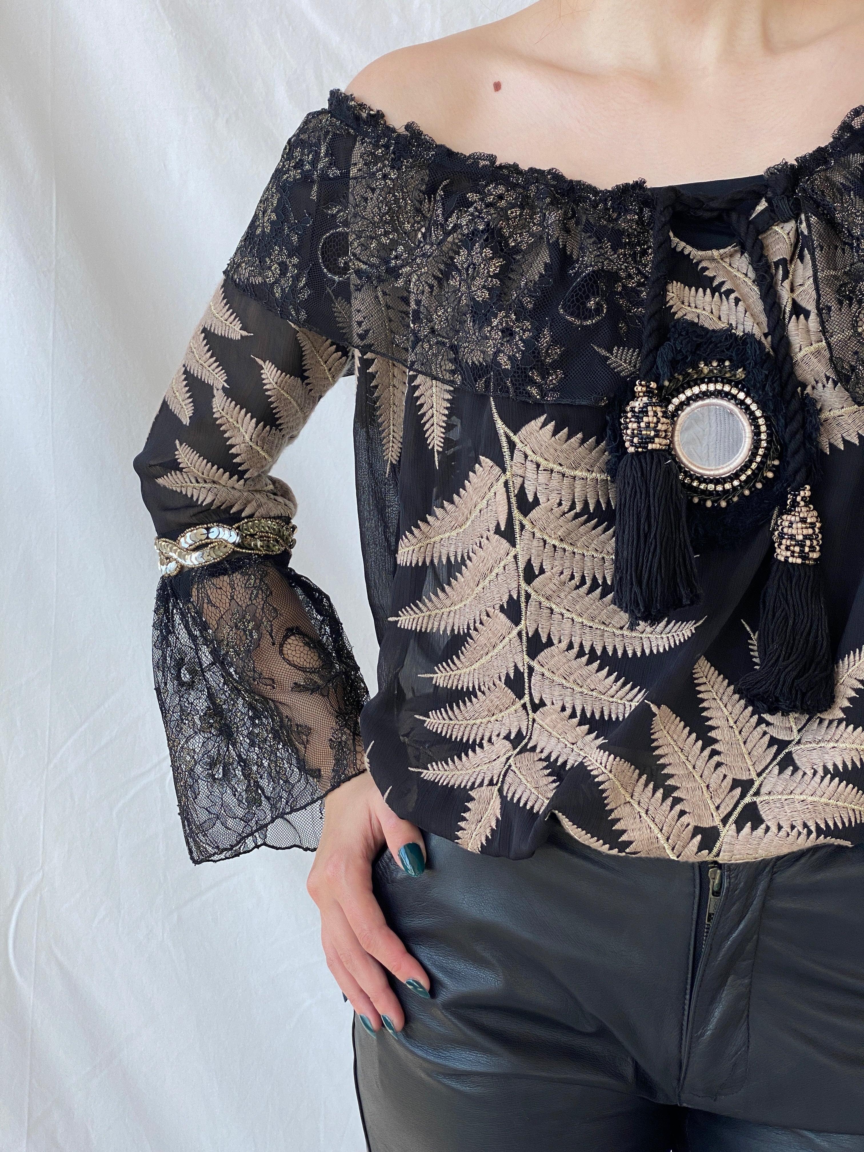 Laurie And Joe Bohemian Black Sheer and Lace Embroidered Off Shoulders Top - M - Balagan Vintage Full Sleeve Top 00s, Ayah, consignment, floral, Janan, NEW IN, women top