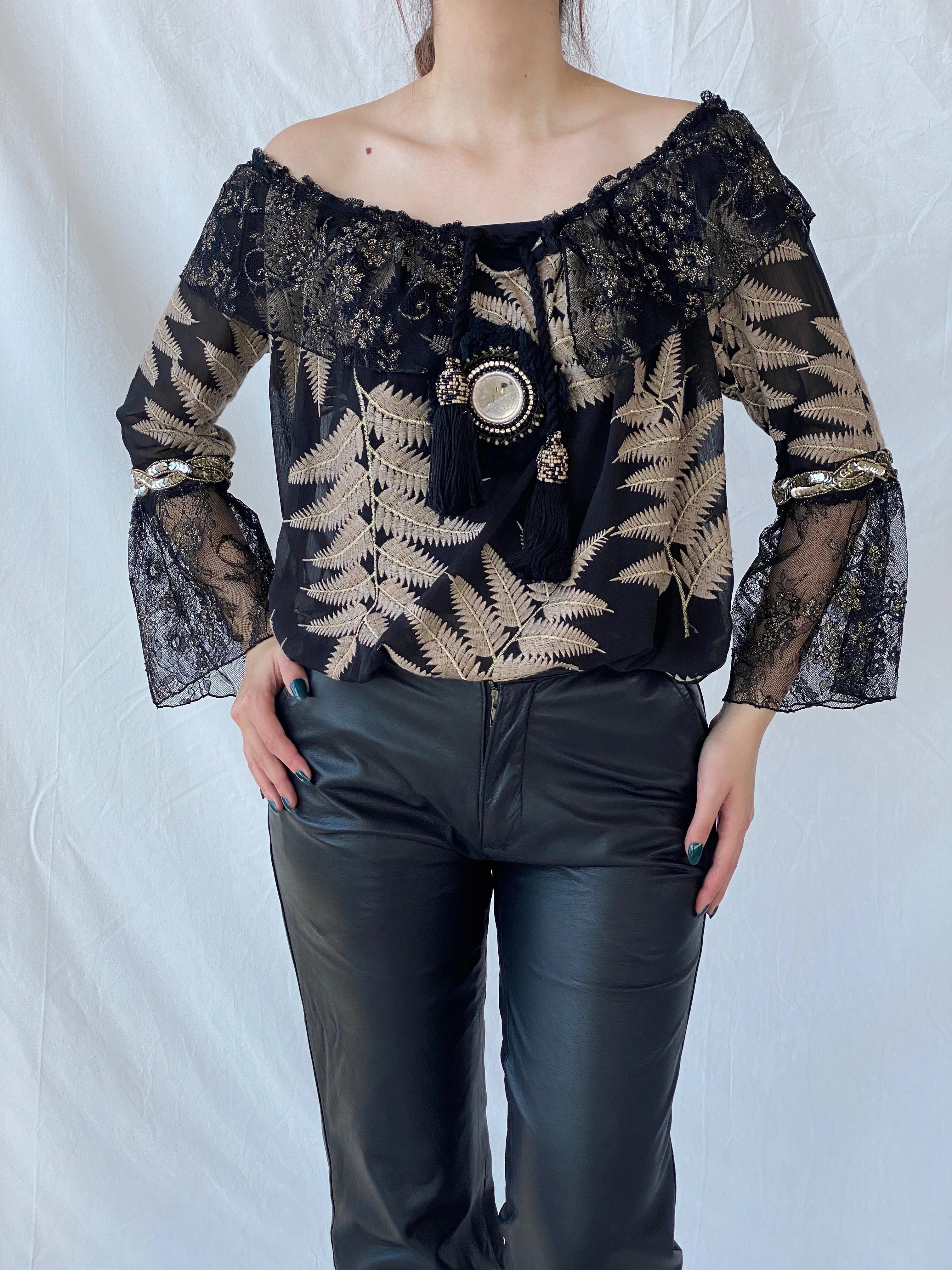Laurie And Joe Bohemian Black Sheer and Lace Embroidered Off Shoulders Top - M - Balagan Vintage Full Sleeve Top 00s, Ayah, consignment, floral, Janan, women top
