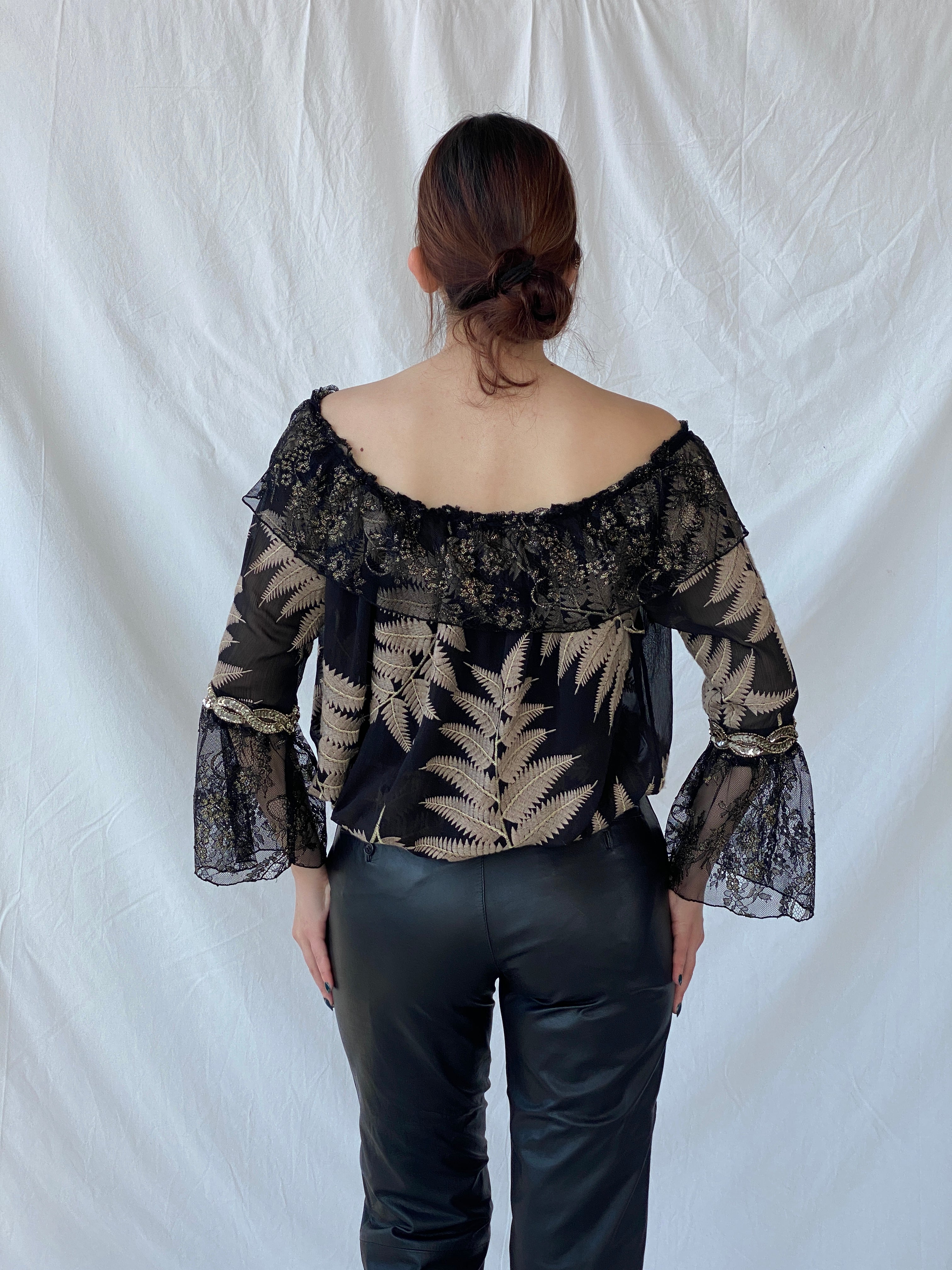 Laurie And Joe Bohemian Black Sheer and Lace Embroidered Off Shoulders Top - M - Balagan Vintage Full Sleeve Top 00s, Ayah, consignment, floral, Janan, NEW IN, women top