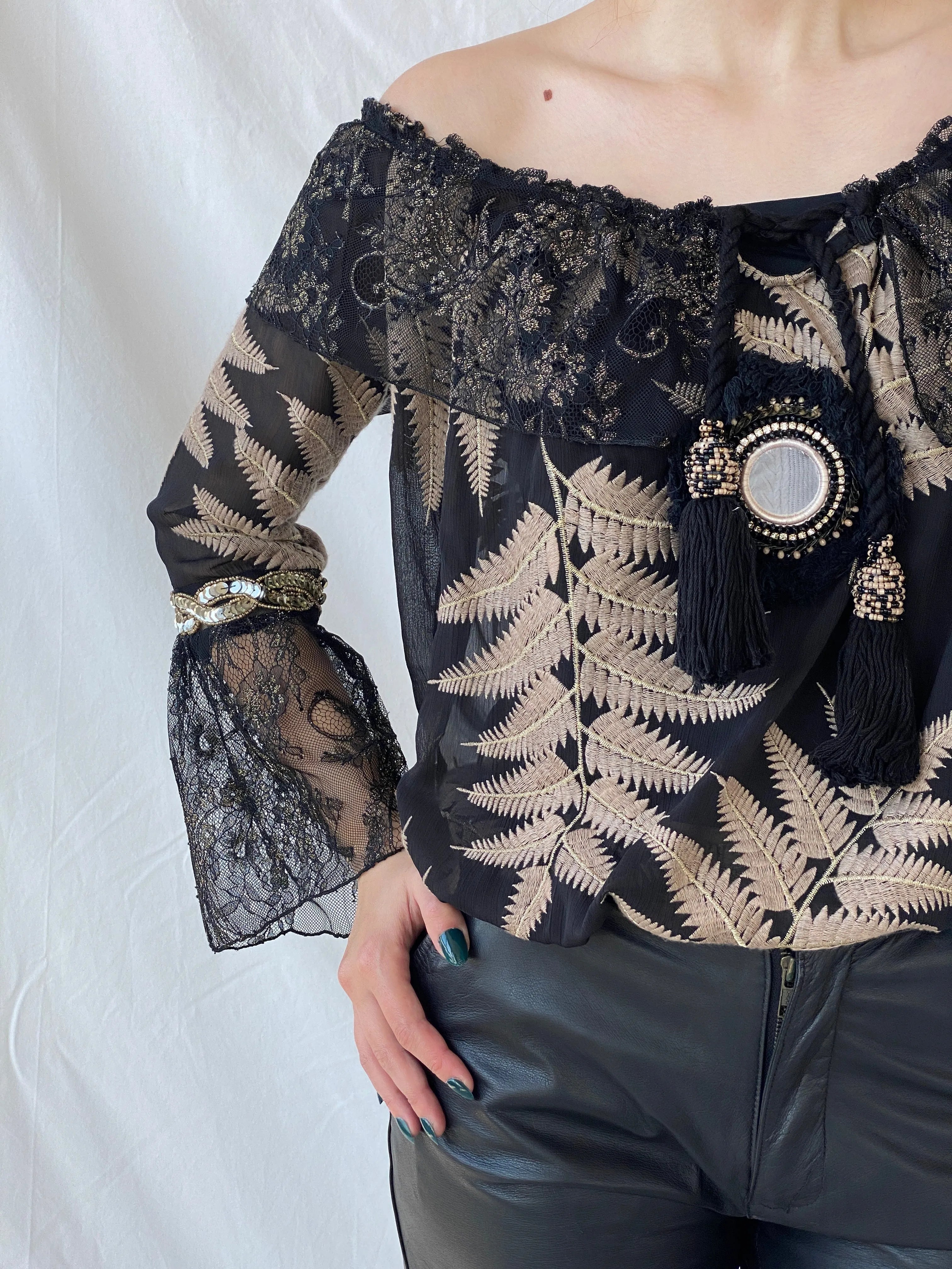 Laurie And Joe Bohemian Black Sheer and Lace Embroidered Off Shoulders Top - M - Balagan Vintage Full Sleeve Top 00s, Ayah, consignment, floral, Janan, women top