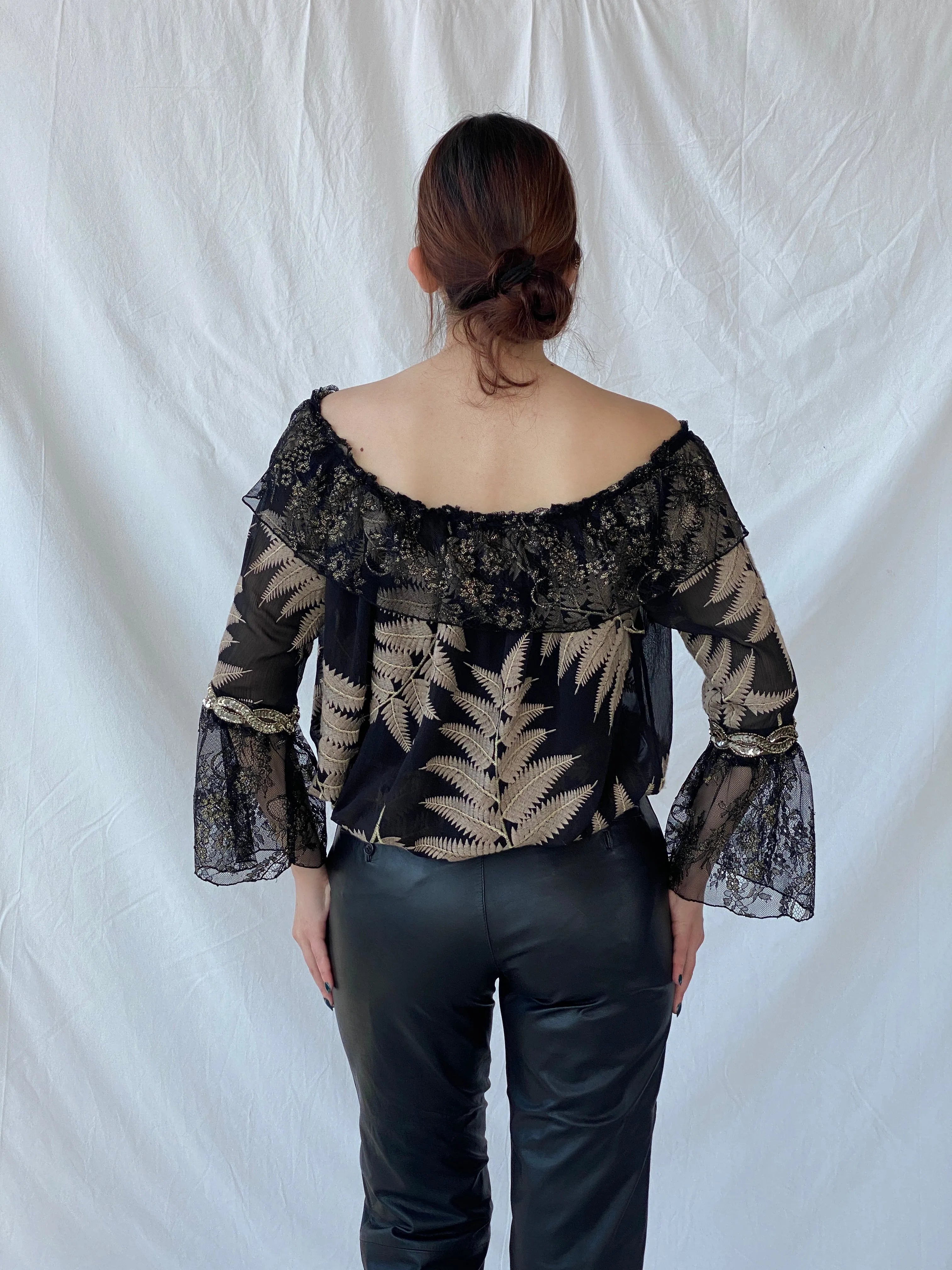 Laurie And Joe Bohemian Black Sheer and Lace Embroidered Off Shoulders Top - M - Balagan Vintage Full Sleeve Top 00s, Ayah, consignment, floral, Janan, women top